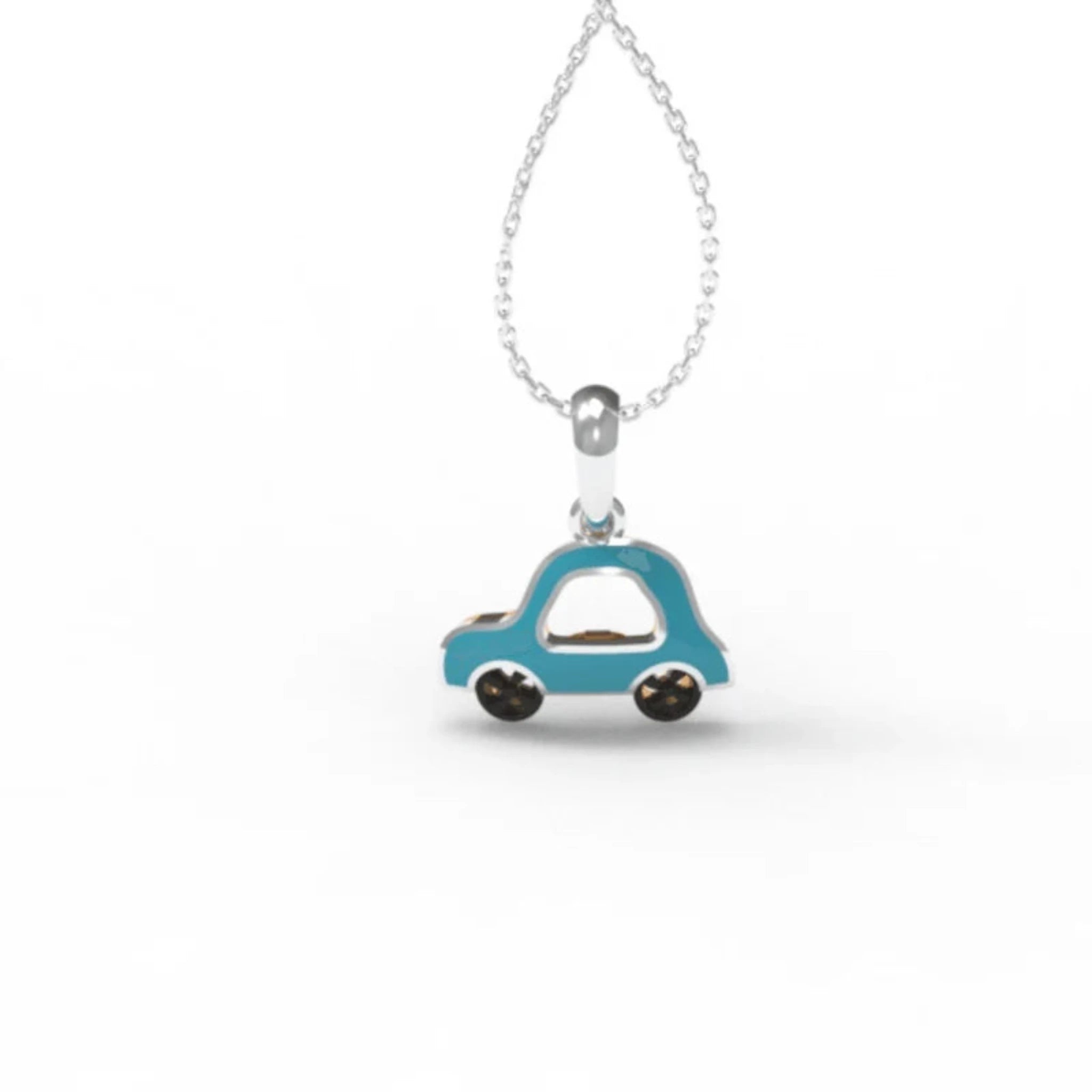 Blue Enamel Silver White Gold Tiny Playful Car-Themed Pendant For Kids