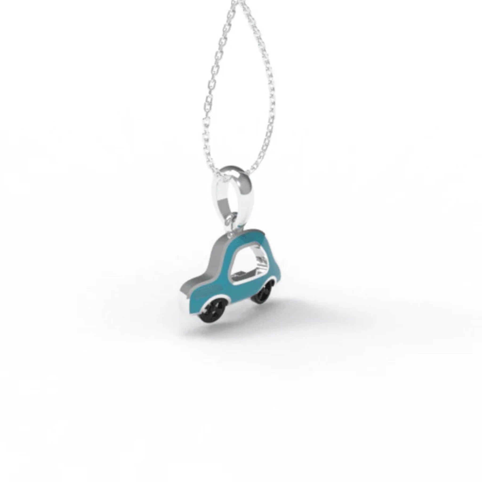 Blue Enamel Silver White Gold Tiny Playful Car-Themed Pendant For Kids