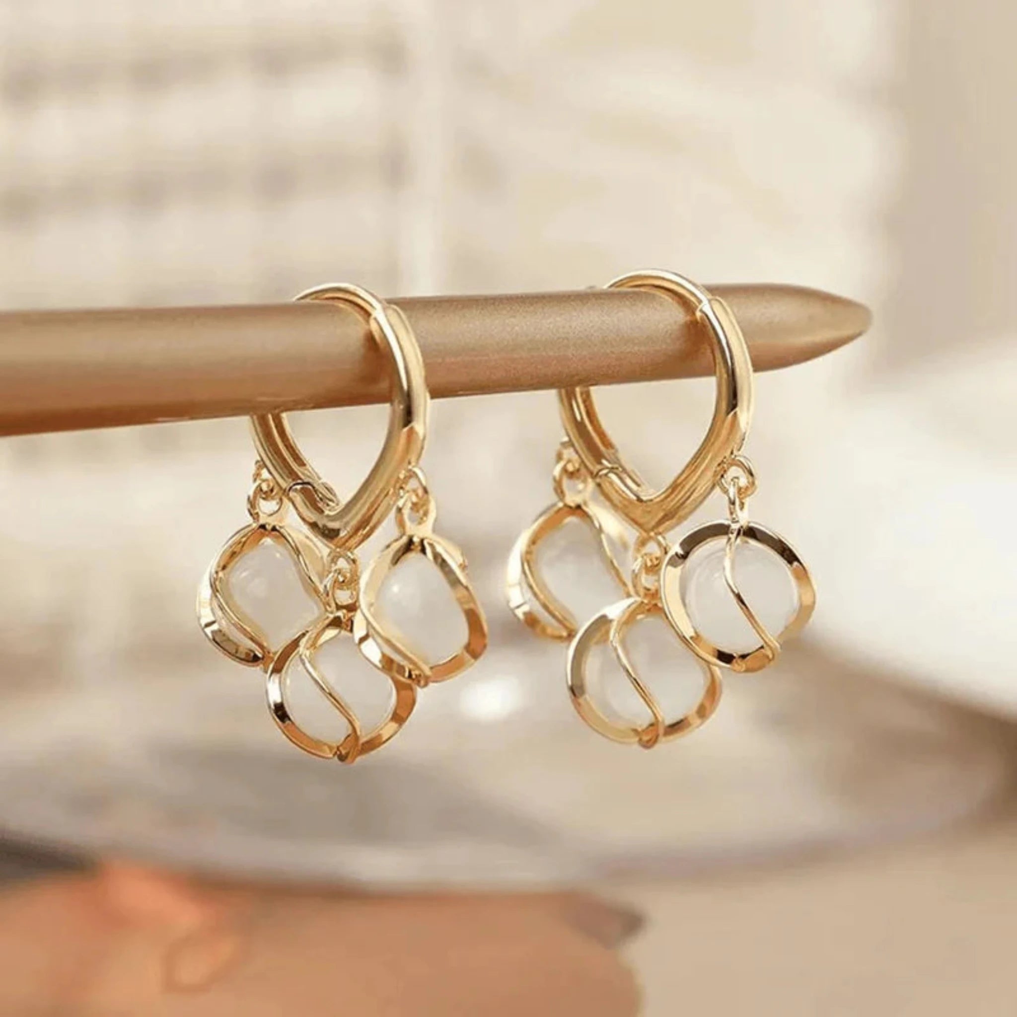 Silver Triple Dangling Hoops Overlapping Loops Yellow Gold Earring For Woman