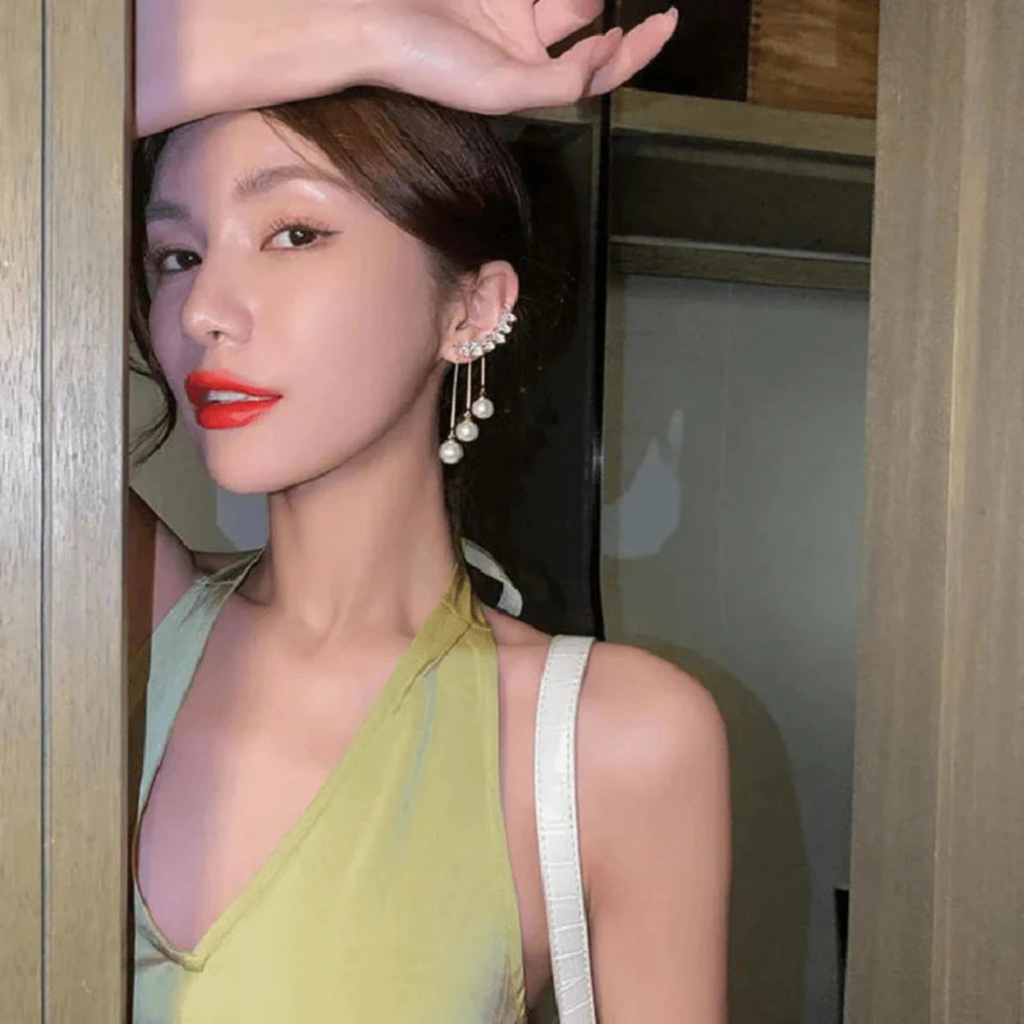 Silver Crystals Simulated Pearl Chain Cuff White Gold Statement Earrings For Woman