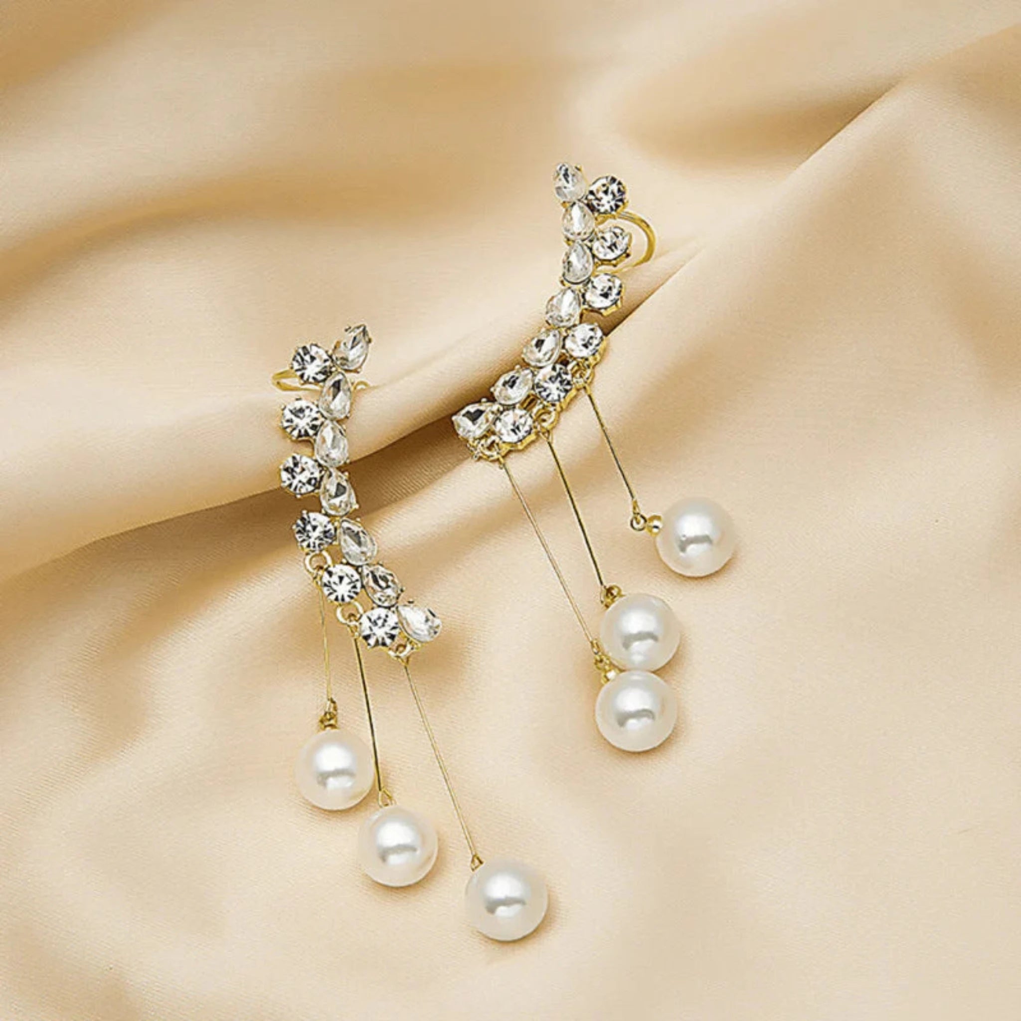 Silver Crystals Simulated Pearl Chain Cuff White Gold Statement Earrings For Woman