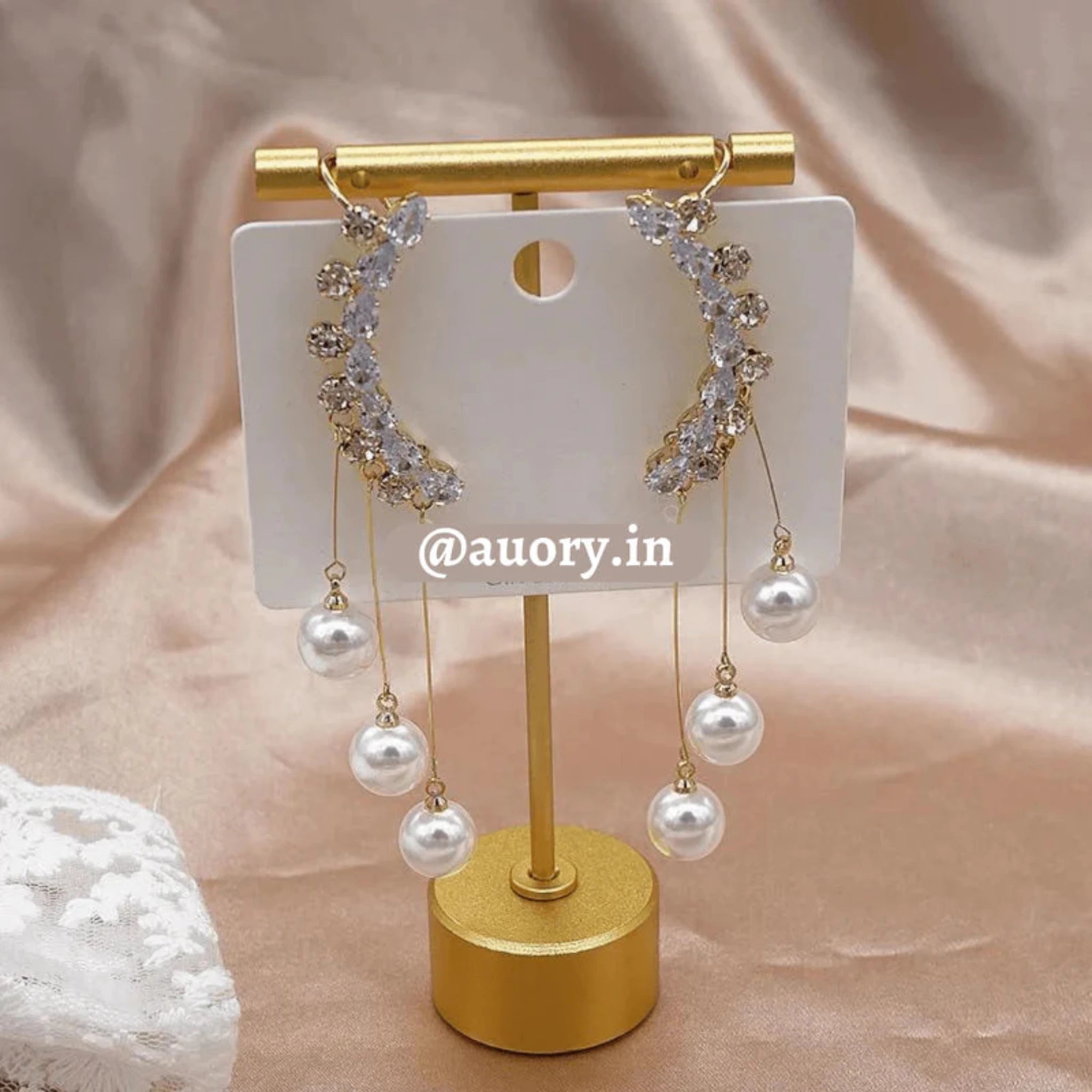 Silver Crystals Simulated Pearl Chain Cuff White Gold Statement Earrings For Woman