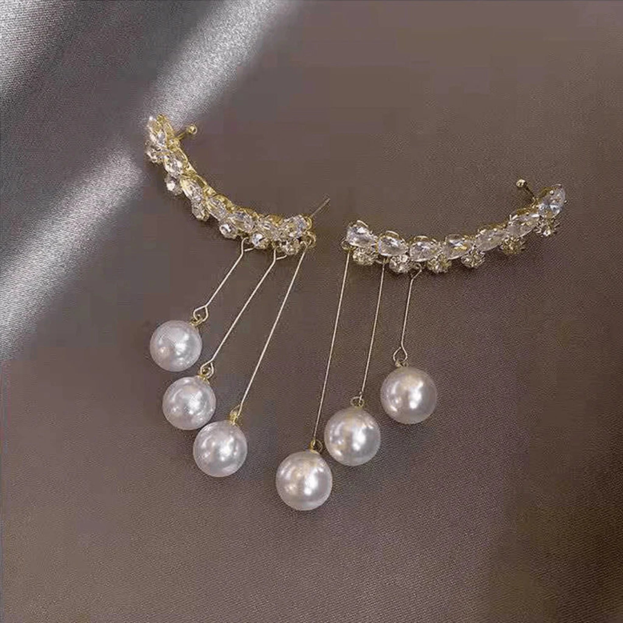 Silver Crystals Simulated Pearl Chain Cuff White Gold Statement Earrings For Woman