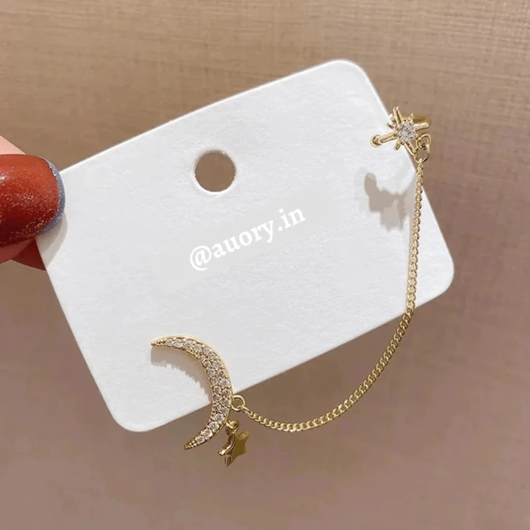 Silver Pave Crystal Celestial Crescent Moon Chain Yellow Gold Cuff Earring For Woman