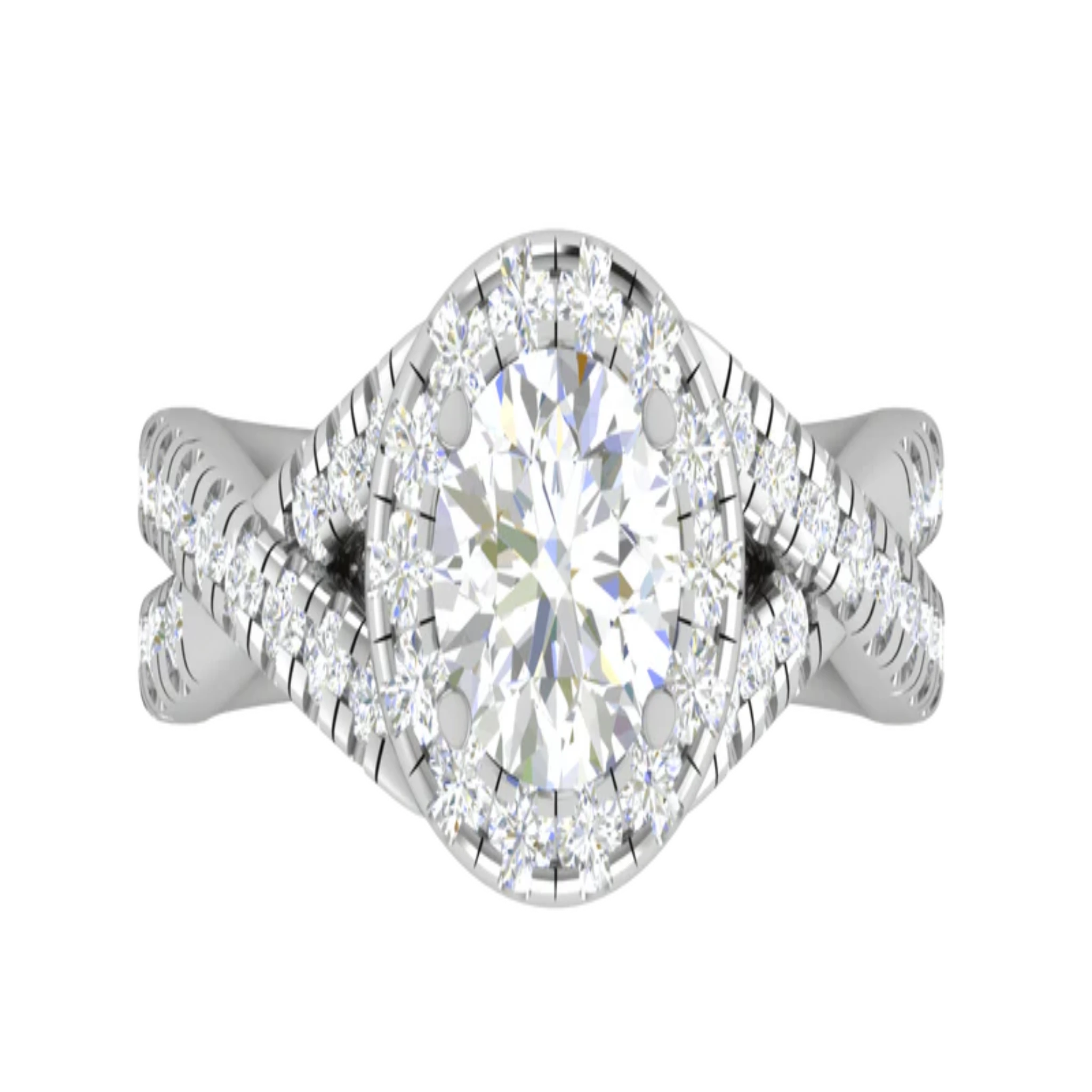 White Gold Adjustable Silver Brilliant Halo Twisted Split-Shank Bridal Ring For Woman