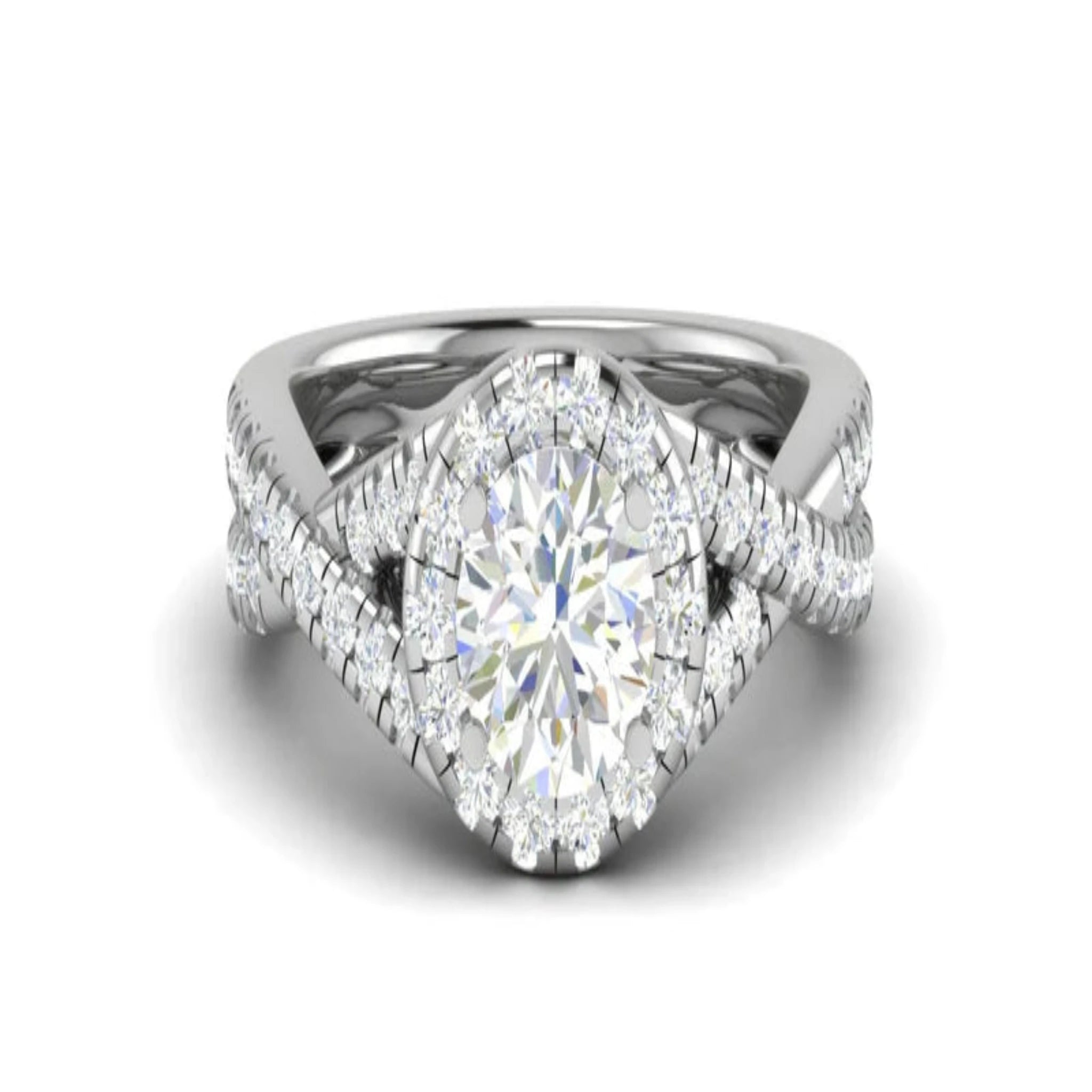 White Gold Adjustable Silver Brilliant Halo Twisted Split-Shank Bridal Ring For Woman