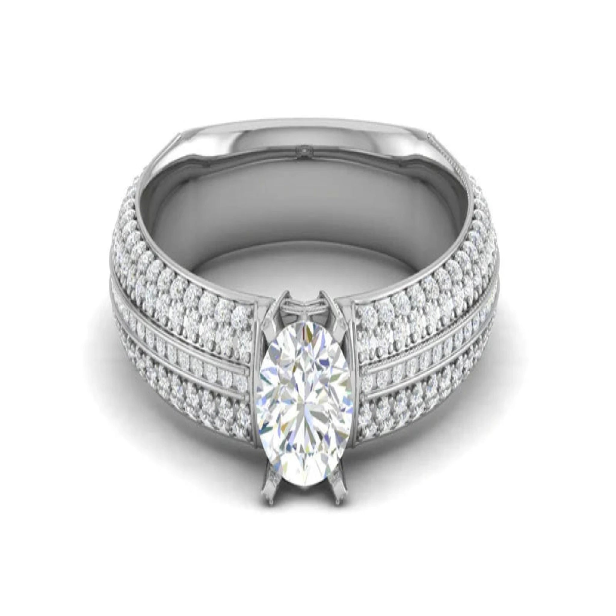 White Gold Adjustable Silver Round Diamond Solitaire Triple Row Ring For Woman