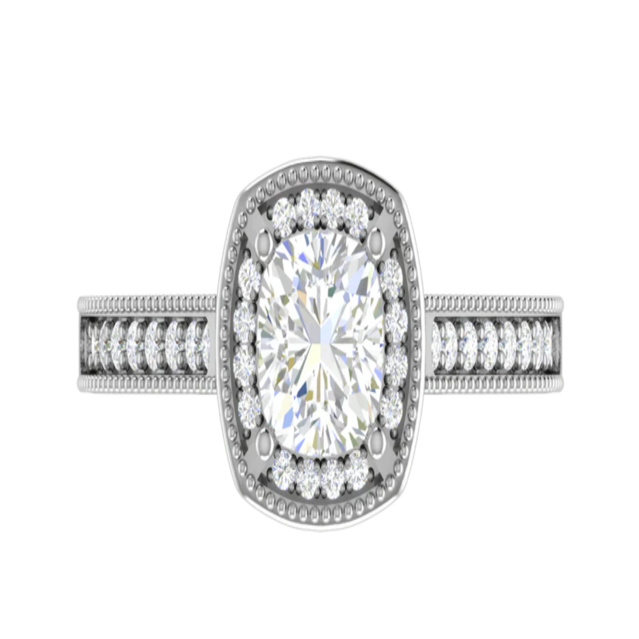 White Gold Adjustable Silver Cushion Halo Vintage Milgrain Luxury Bridal Ring For Woman