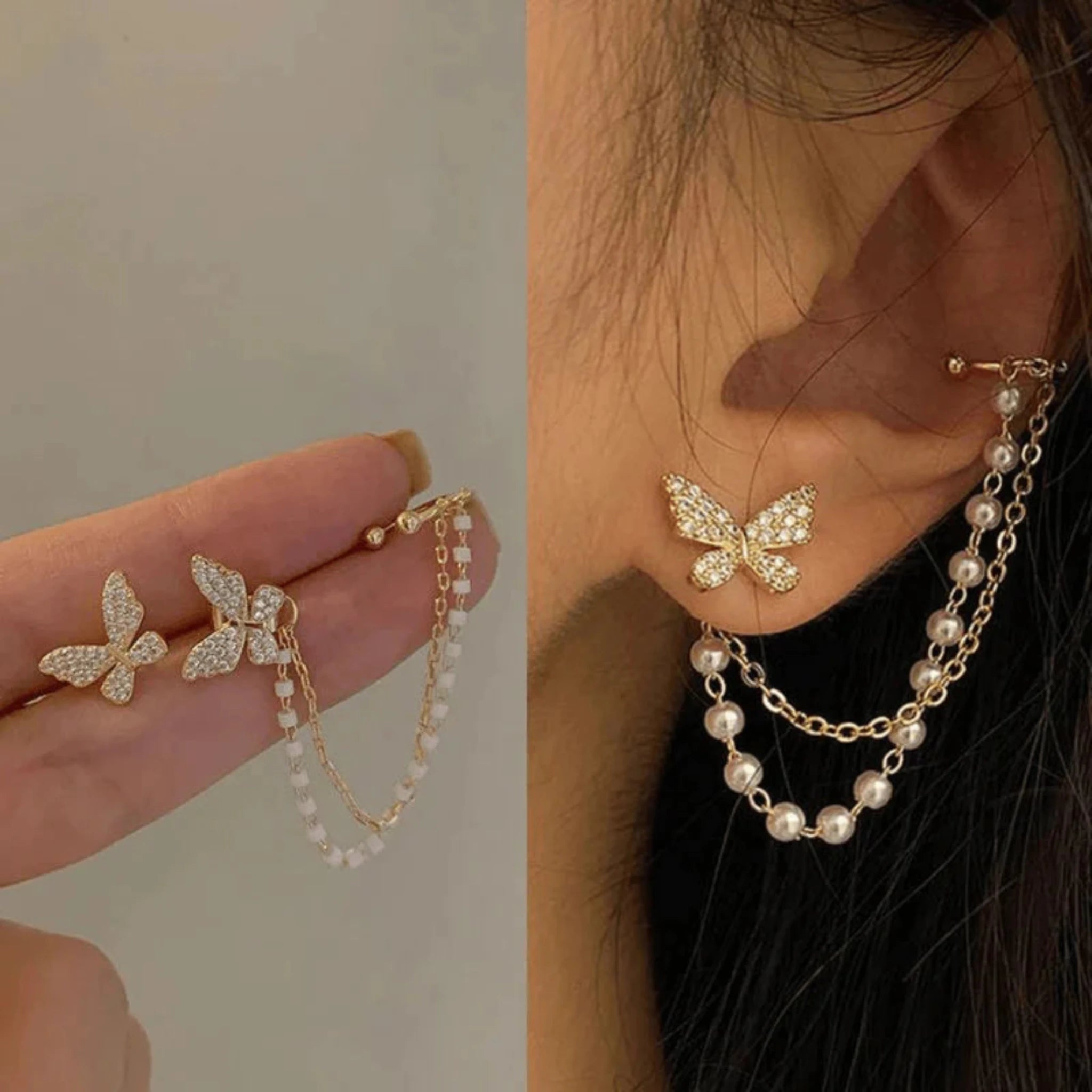 Silver Pearl Accent Crystal Butterfly Chain Yellow Gold Cuff Earrings For Woman