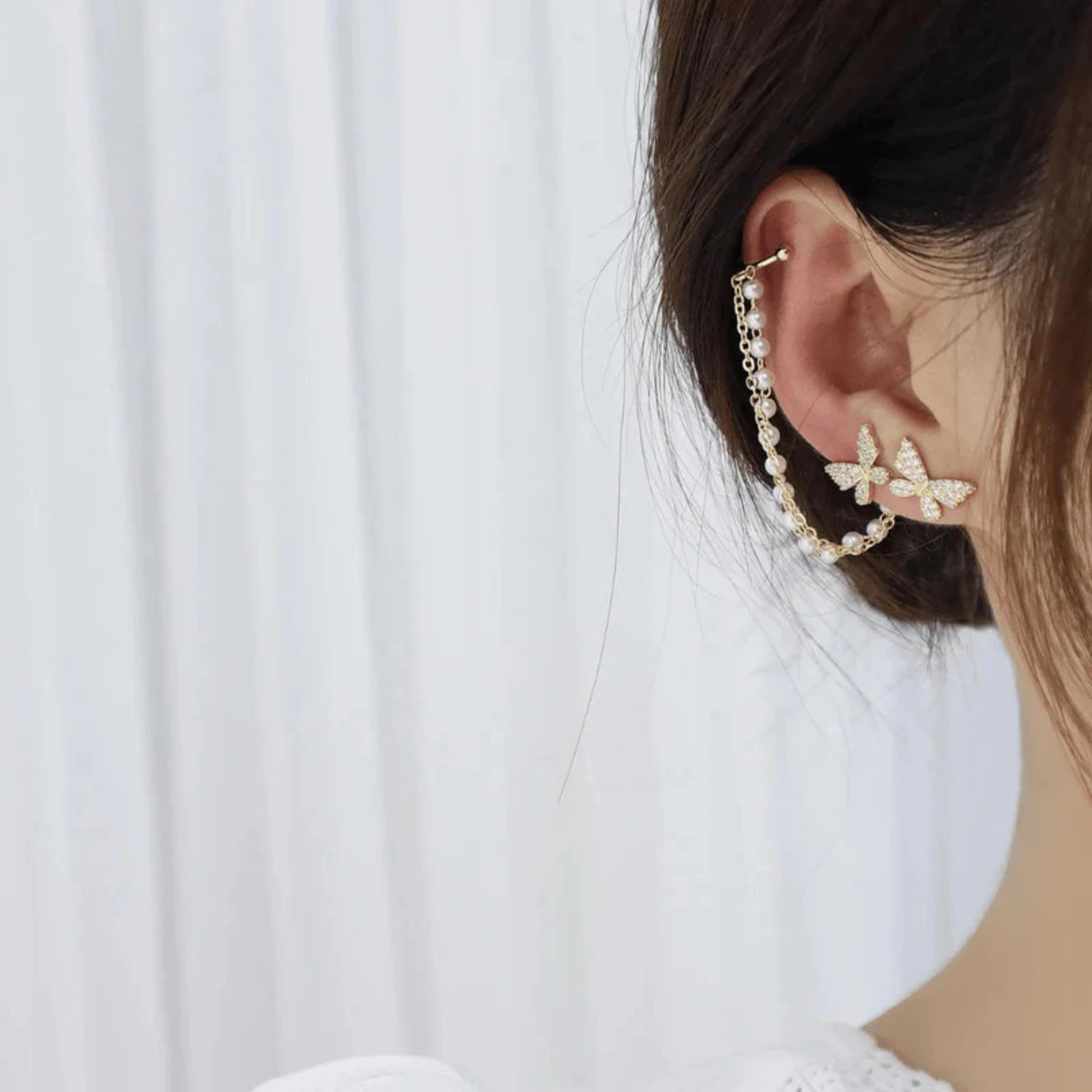 Silver Pearl Accent Crystal Butterfly Chain Yellow Gold Cuff Earrings For Woman