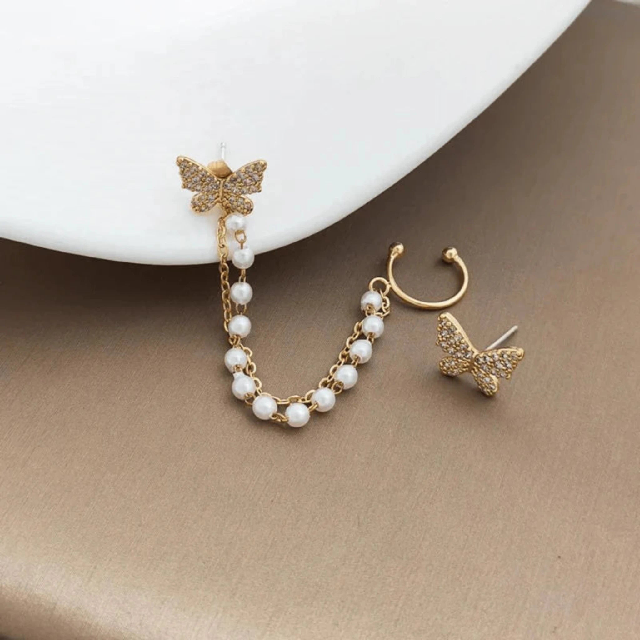 Silver Pearl Accent Crystal Butterfly Chain Yellow Gold Cuff Earrings For Woman