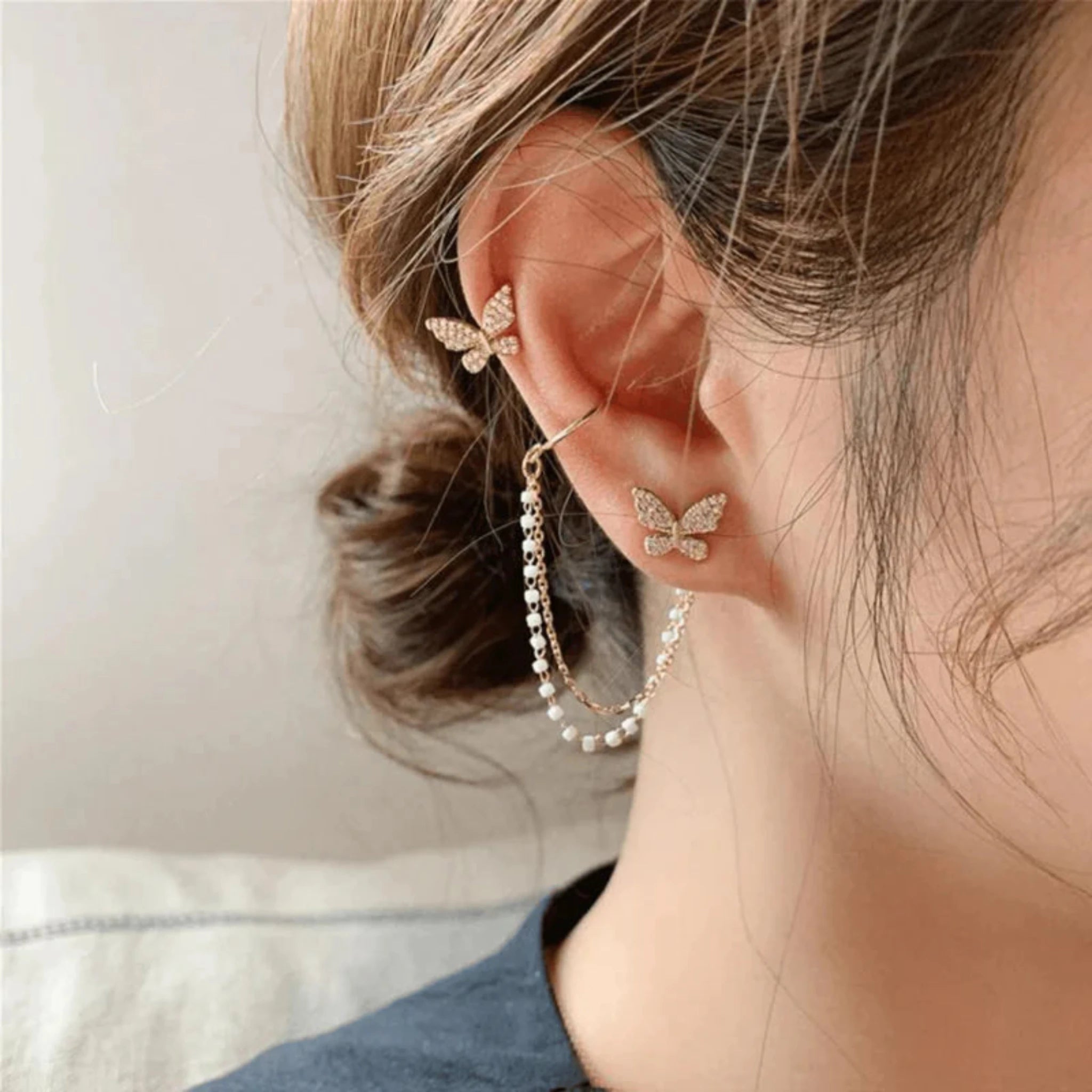Silver Pearl Accent Crystal Butterfly Chain Yellow Gold Cuff Earrings For Woman