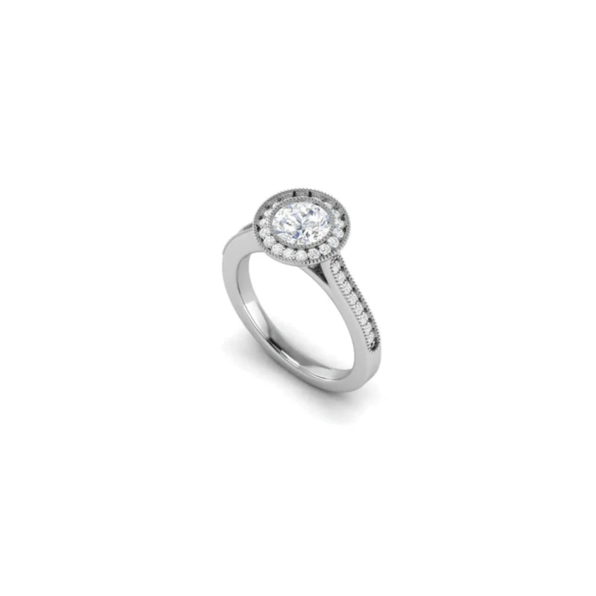 White Gold Adjustable Silver Shimmering Milgrain Halo Solitaire Ring For Woman