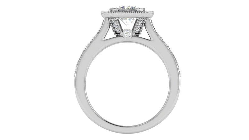 White Gold Adjustable Silver Shimmering Milgrain Halo Solitaire Ring For Woman