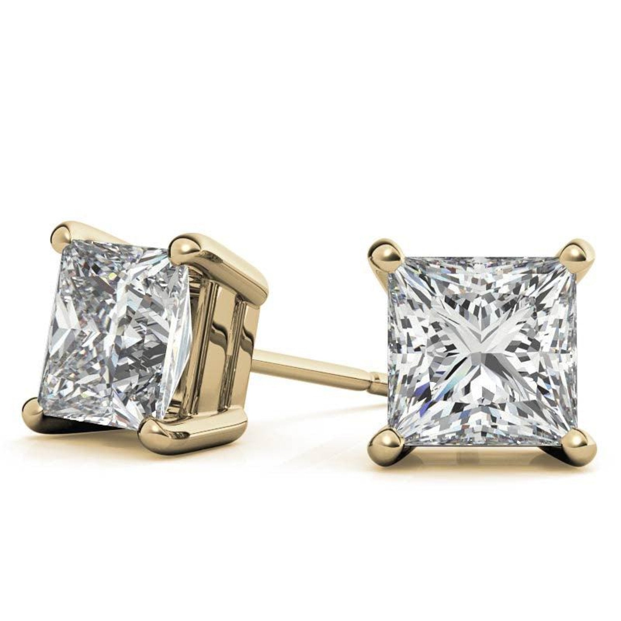 Square Princess-Cut Yellow Gold Silver Luxury Solitaire Diamond Stud Earrings For Woman