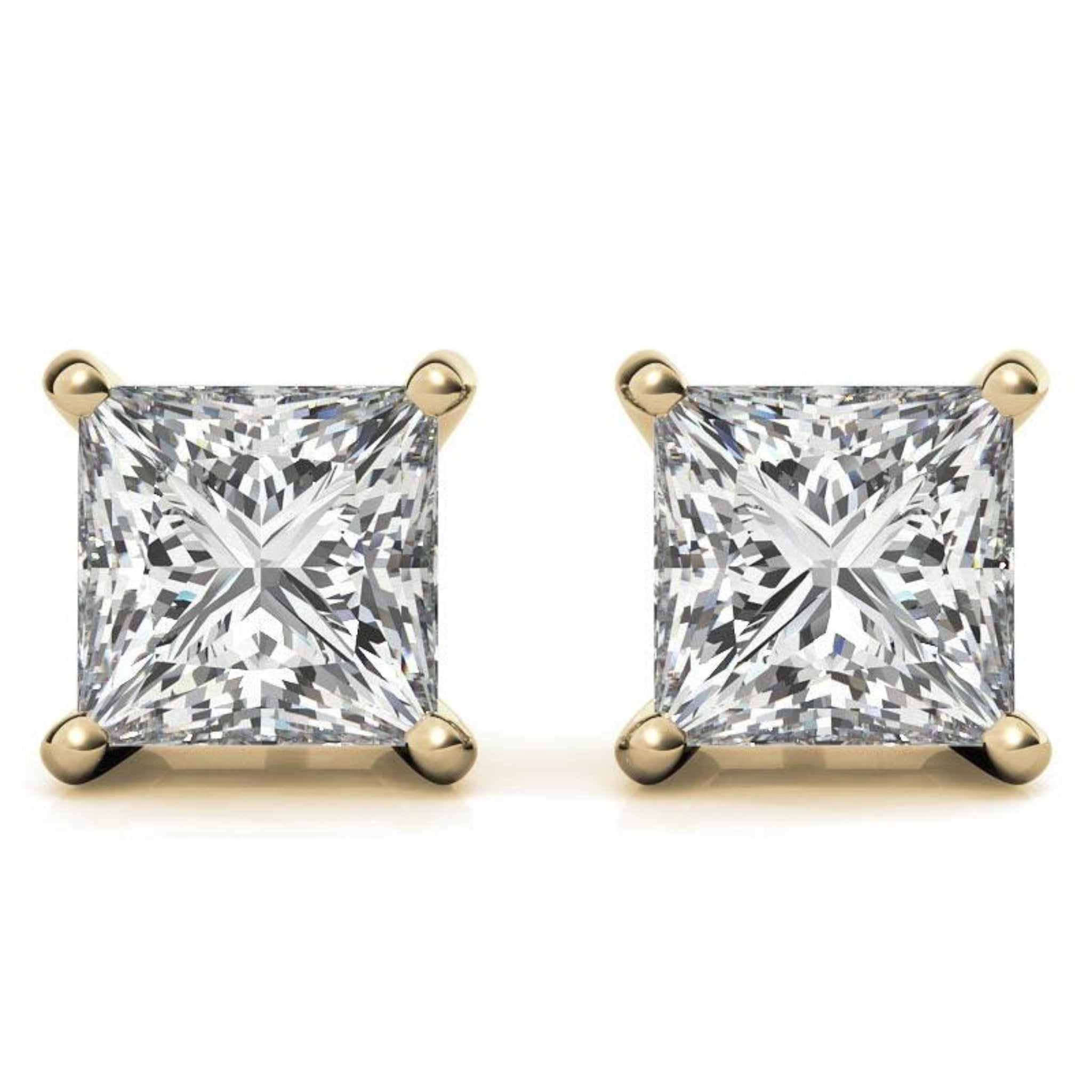 Square Princess-Cut Yellow Gold Silver Luxury Solitaire Diamond Stud Earrings For Woman