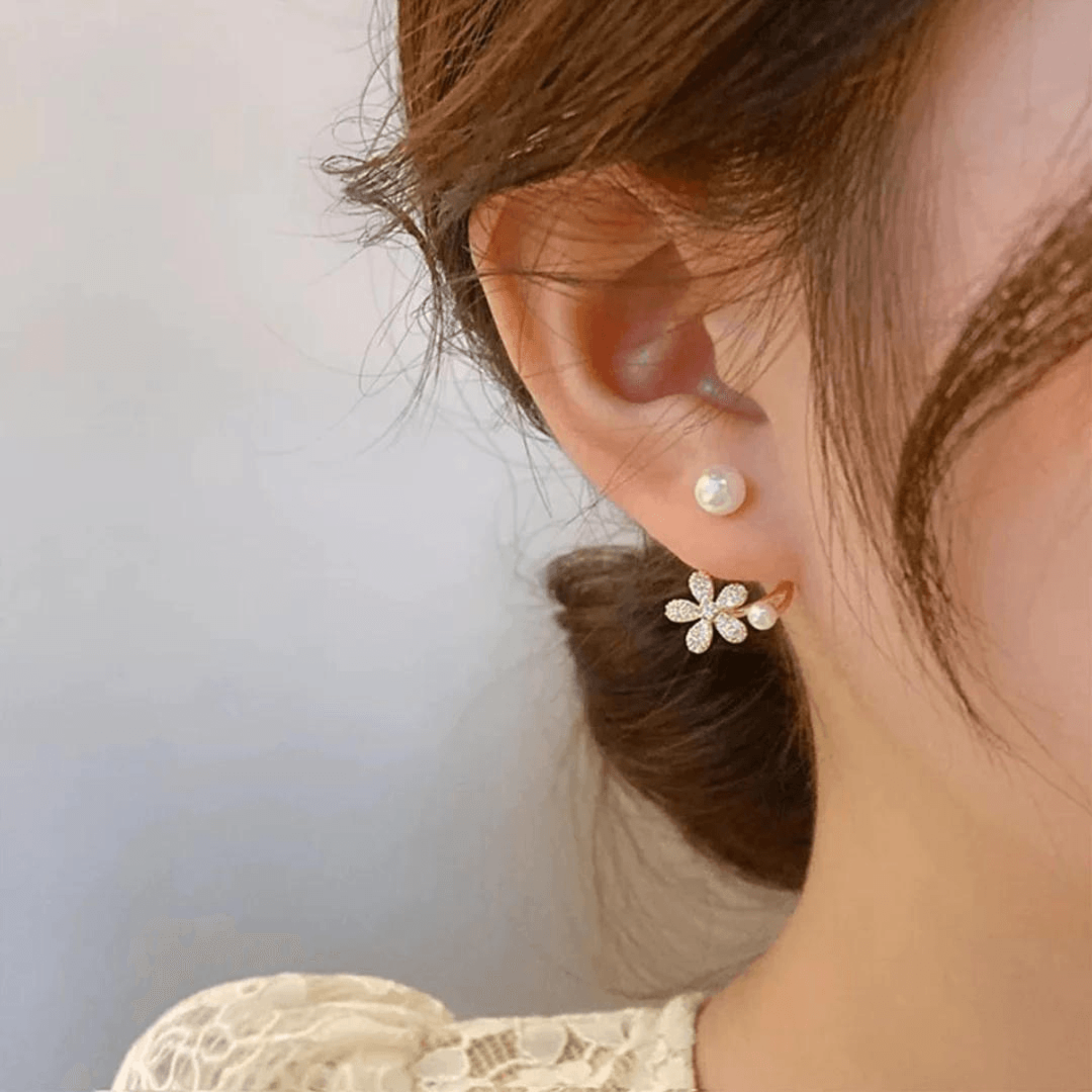 Silver Yellow Gold Elegant Floral Pearl Earring For Women