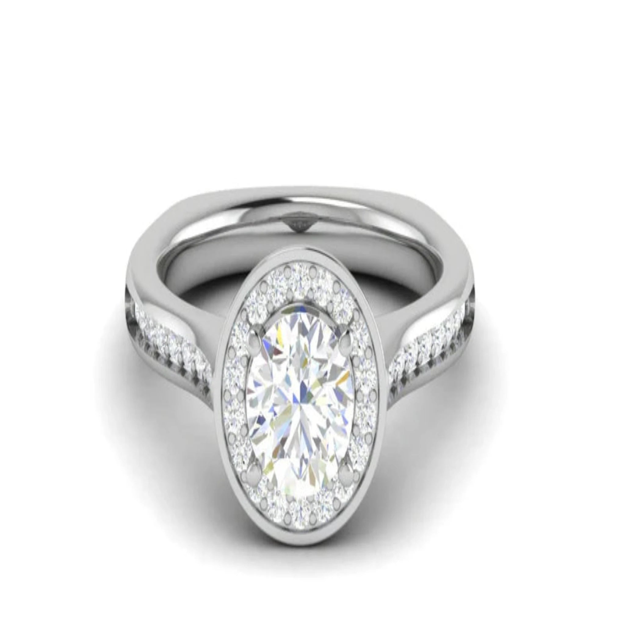 White Gold Adjustable Silver Round Diamond Bezel Set Halo Ring For Woman