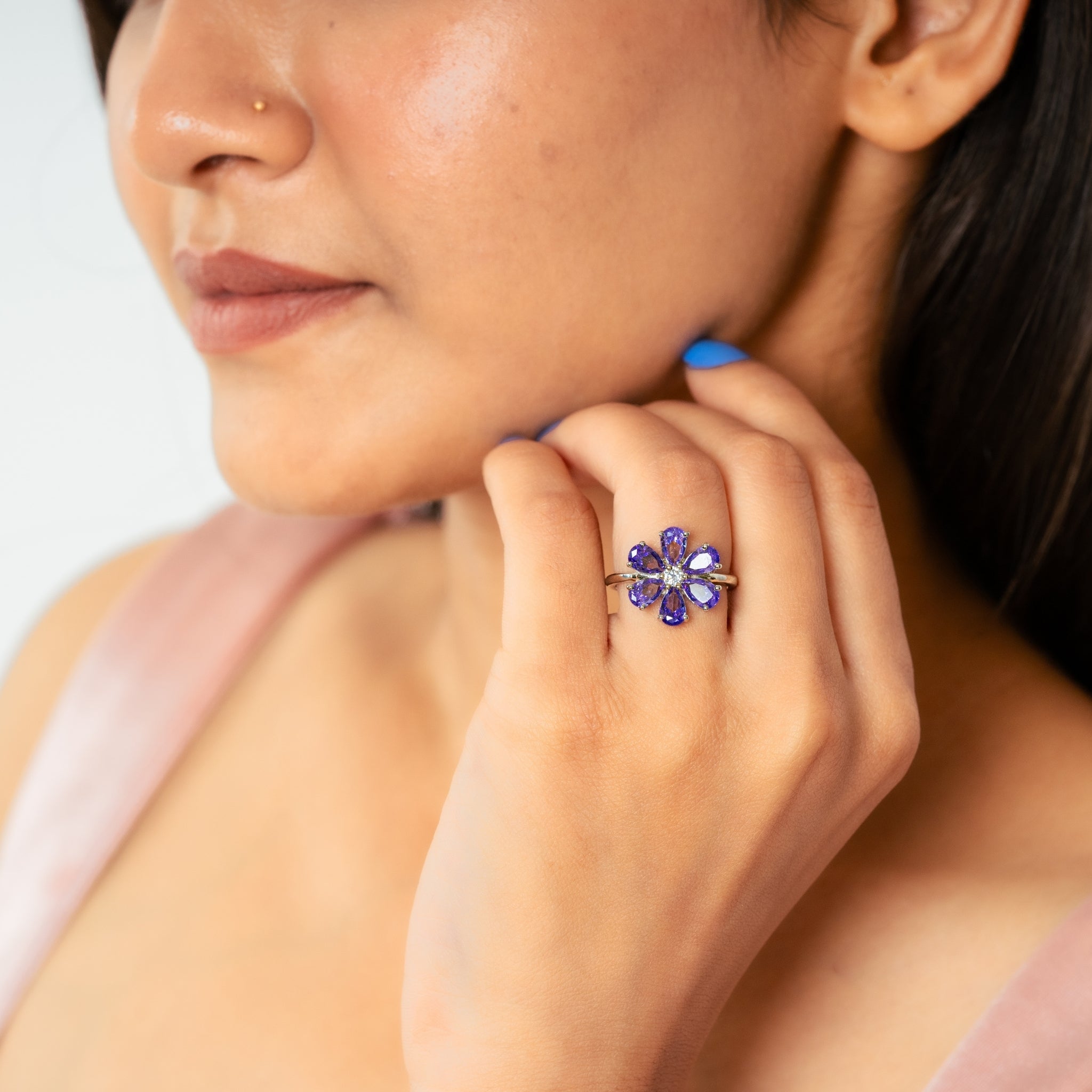 Floral White Gold Silver Adjustable Amethyst Ring For Women