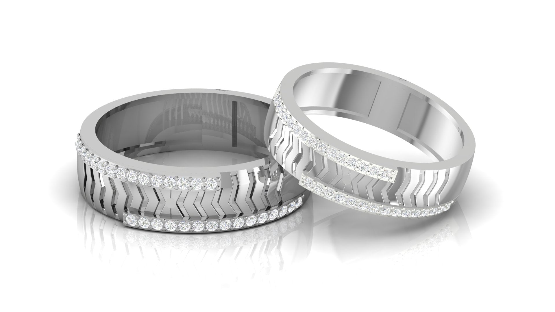 Chevron Cut White Gold Adjustable Silver Diamond Edge Band For Couple