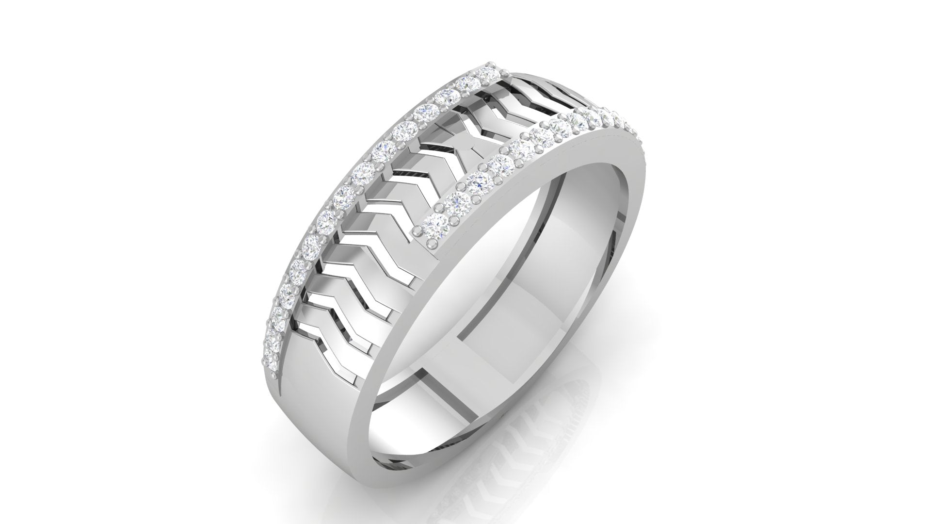 Chevron Cut White Gold Adjustable Silver Diamond Edge Band For Couple