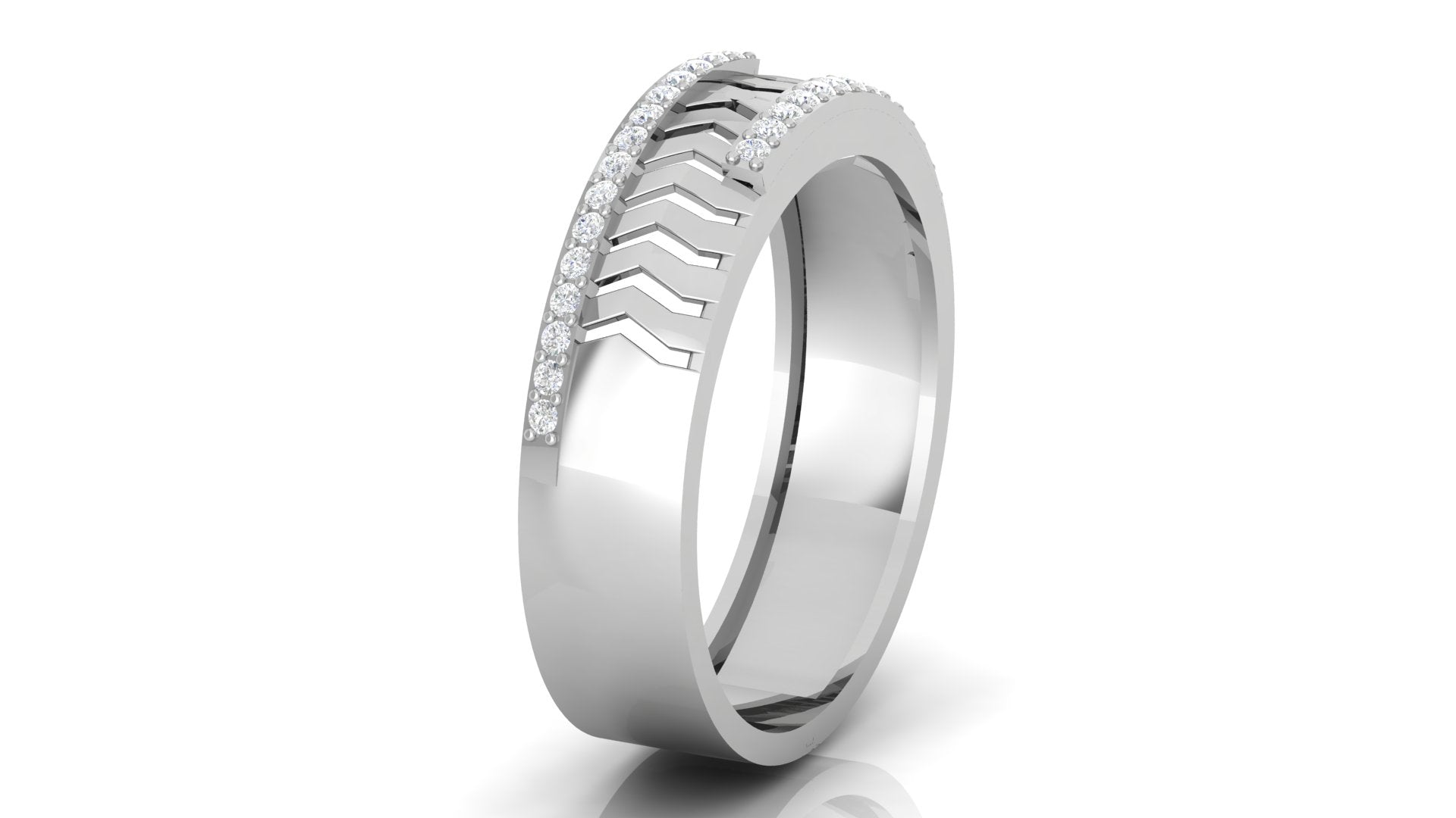 Chevron Cut White Gold Adjustable Silver Diamond Edge Band For Couple