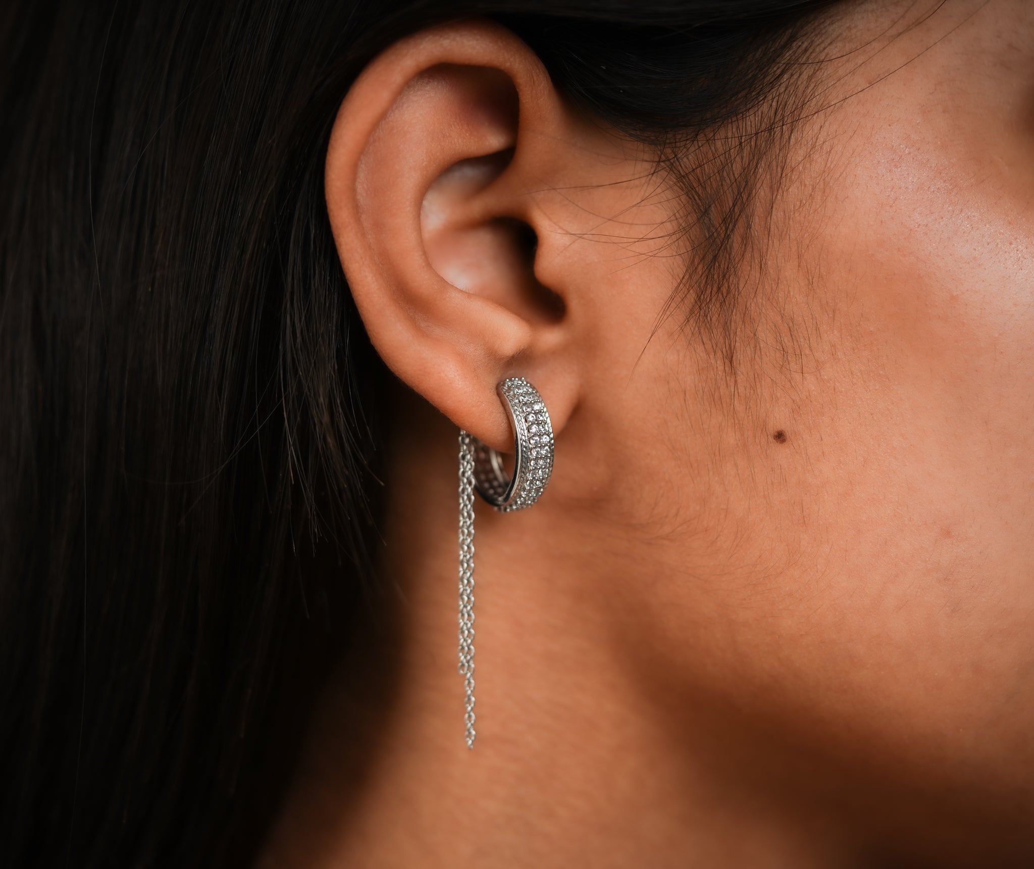 Silver Chain Dangle Hoop Pave Crystal Studded Chain White Gold Earring For Woman