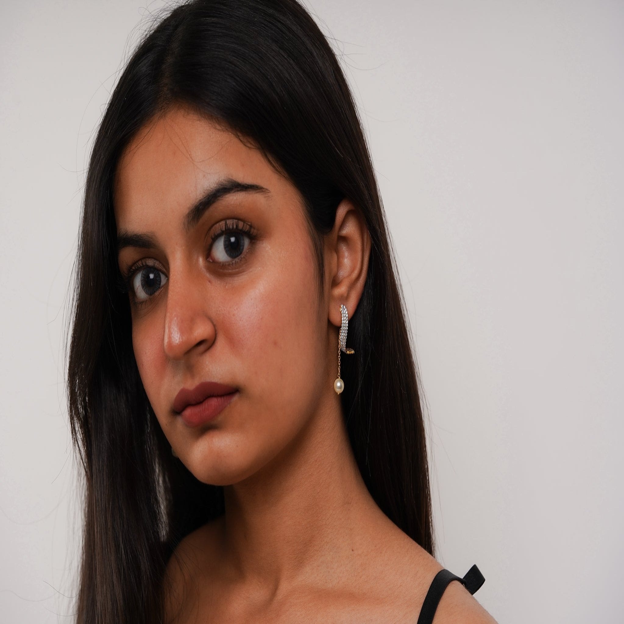 Curved Pearl Drop Silver Yellow Gold Earring For Women