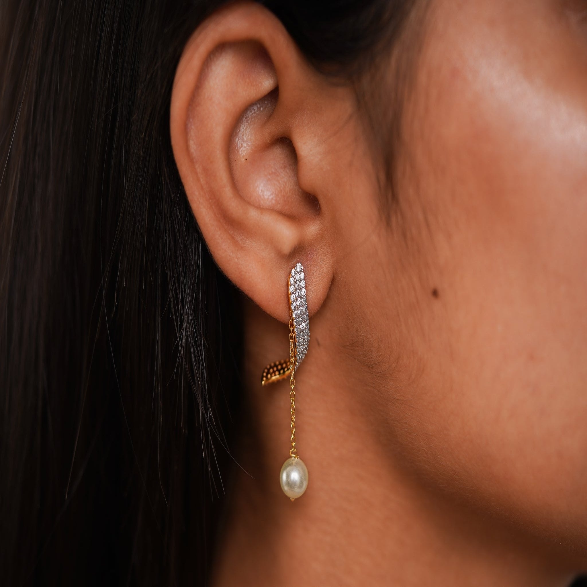 Curved Pearl Drop Silver Yellow Gold Earring For Women