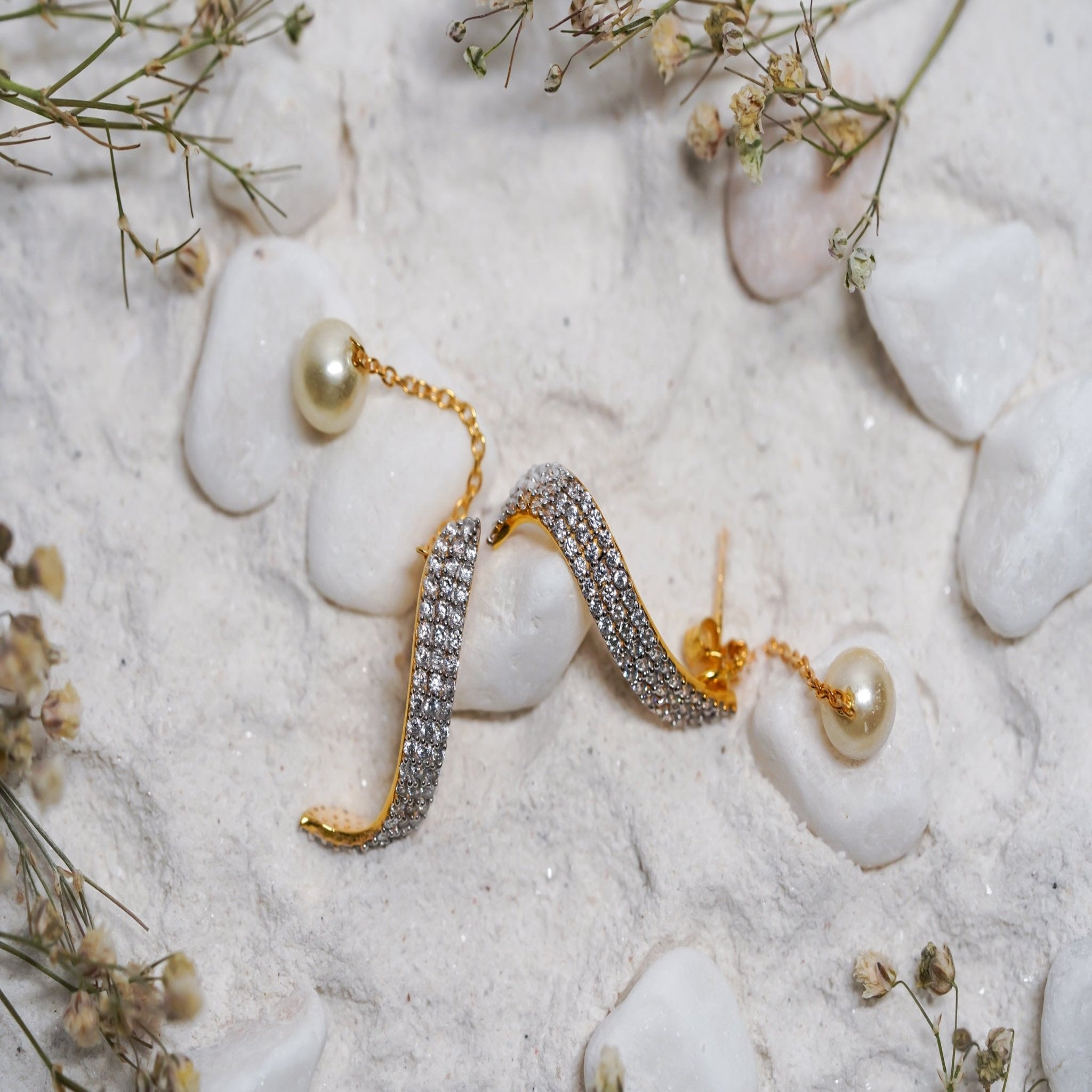 Curved Pearl Drop Silver Yellow Gold Earring For Women