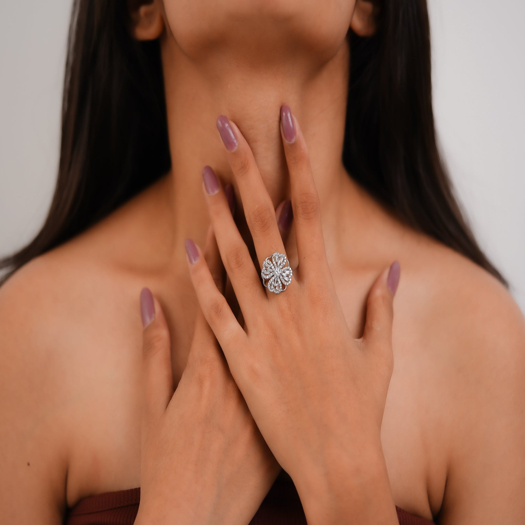 Heart Floral White Gold Silver Adjustable Spinning Ring For Women