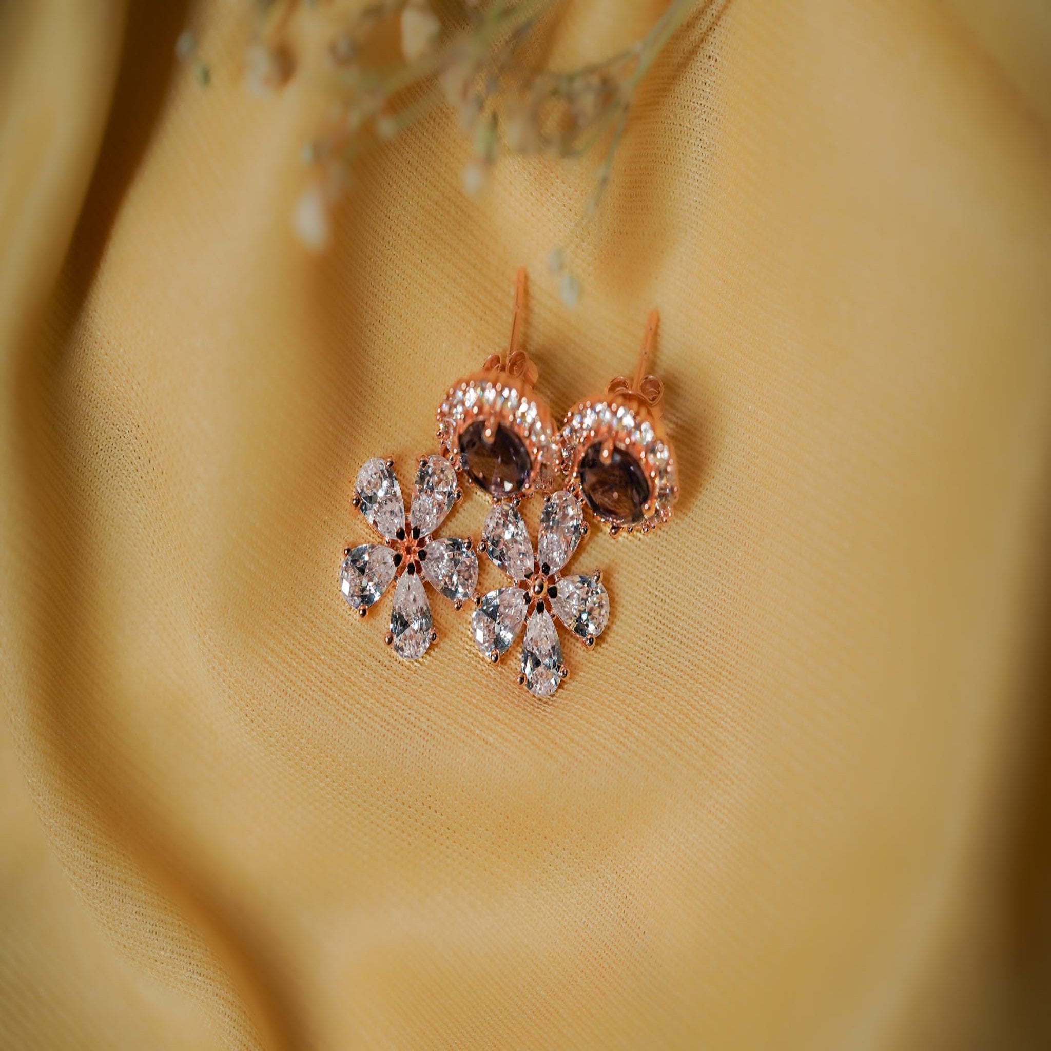 Amethyst Halo Floral Drop Earrings