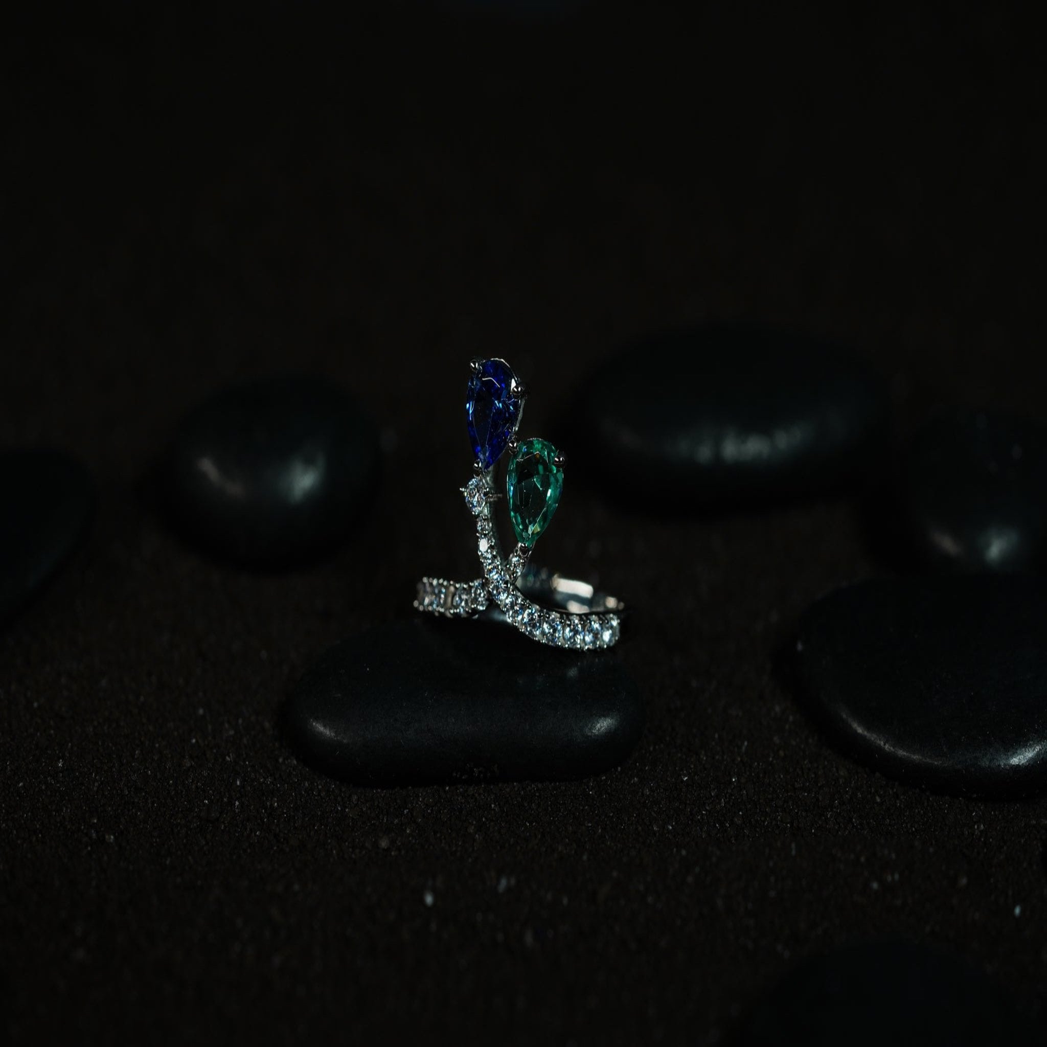 Pear cut blue green stone ring