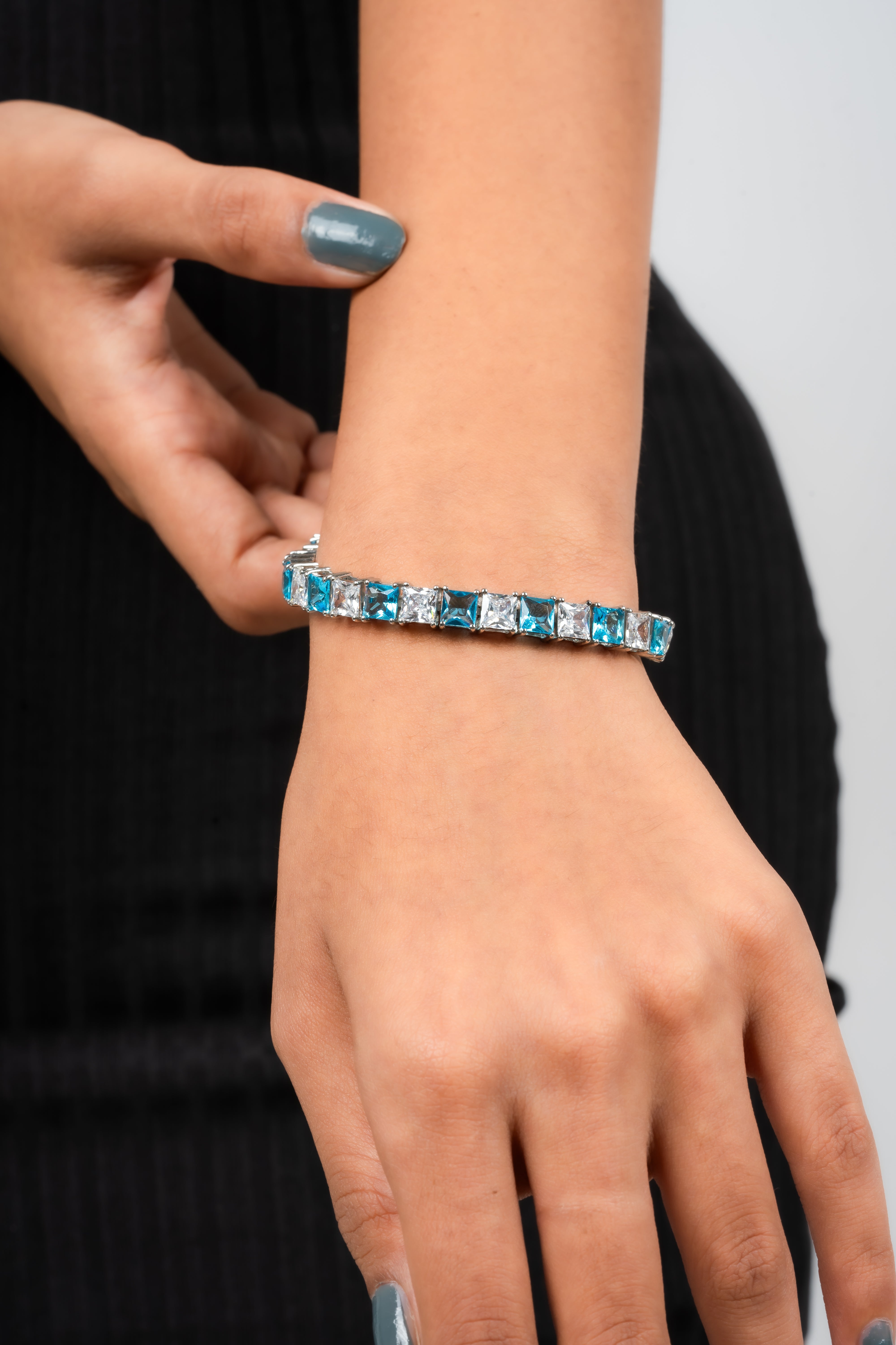 Princess Cut Tennis Aquamarine Diamond Bracelet