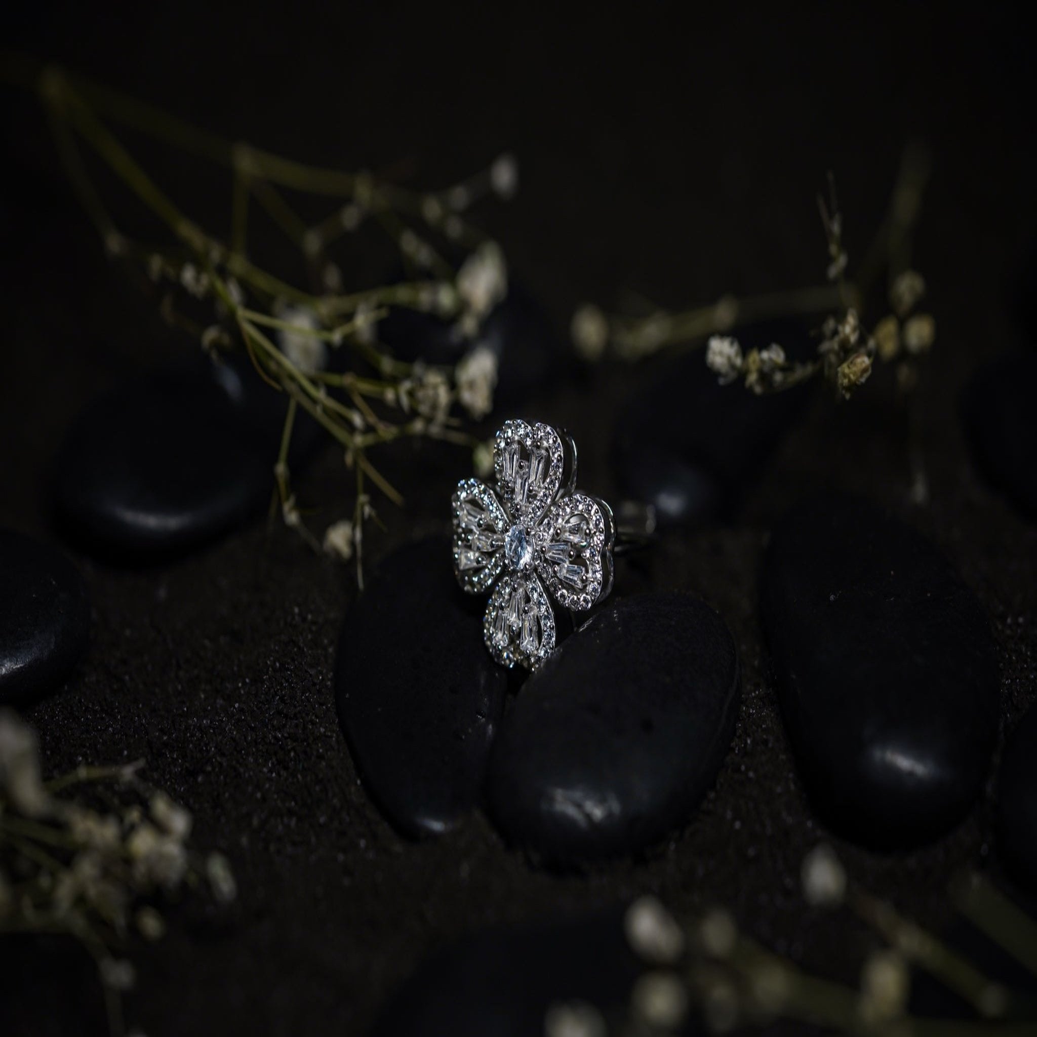 Heart Floral White Gold Silver Adjustable Spinning Ring For Women
