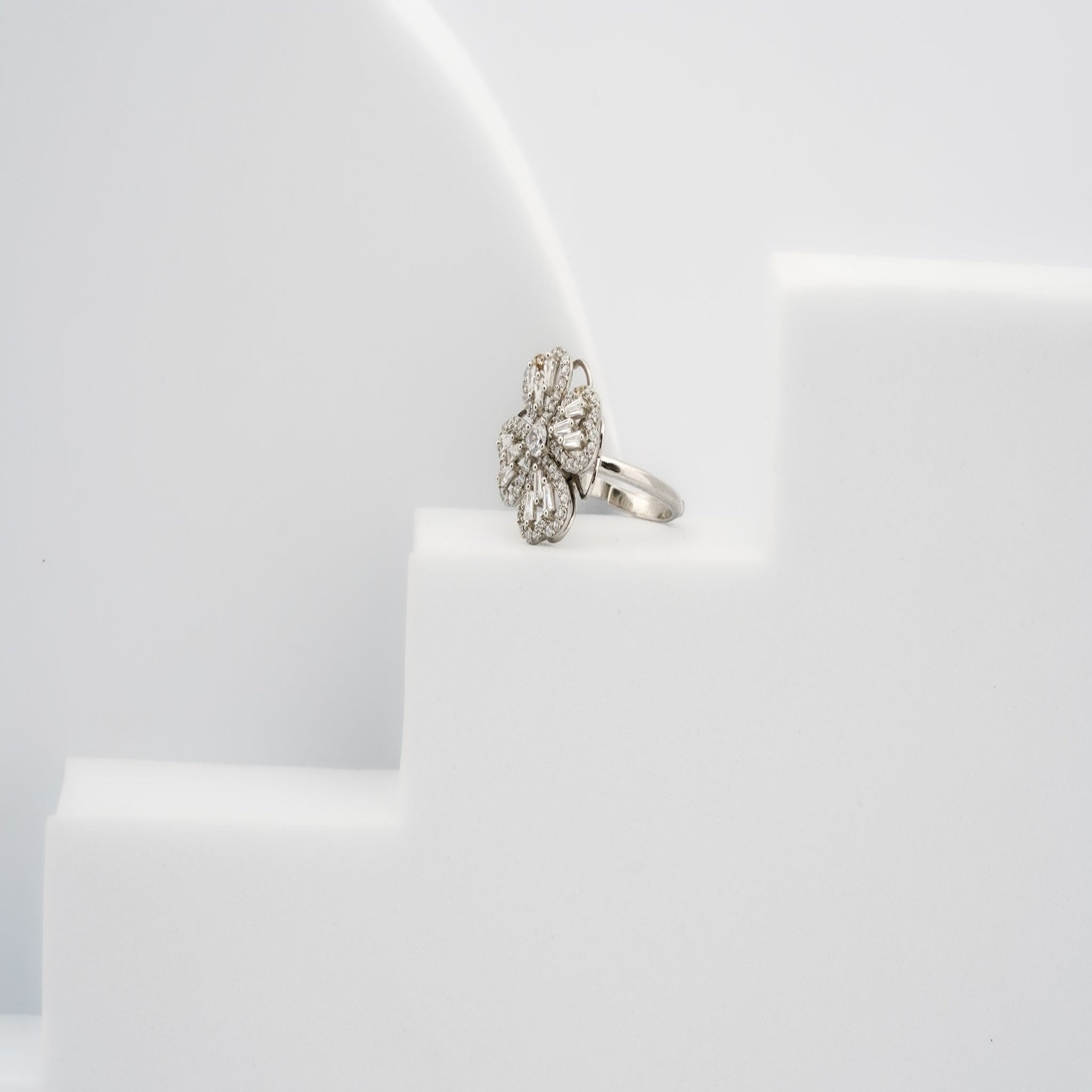 Heart Floral White Gold Silver Adjustable Spinning Ring For Women