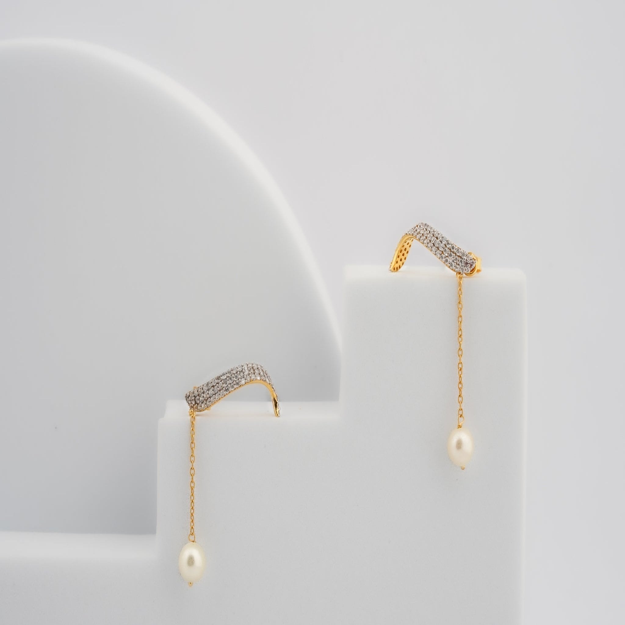 Curved Pearl Drop Silver Yellow Gold Earring For Women