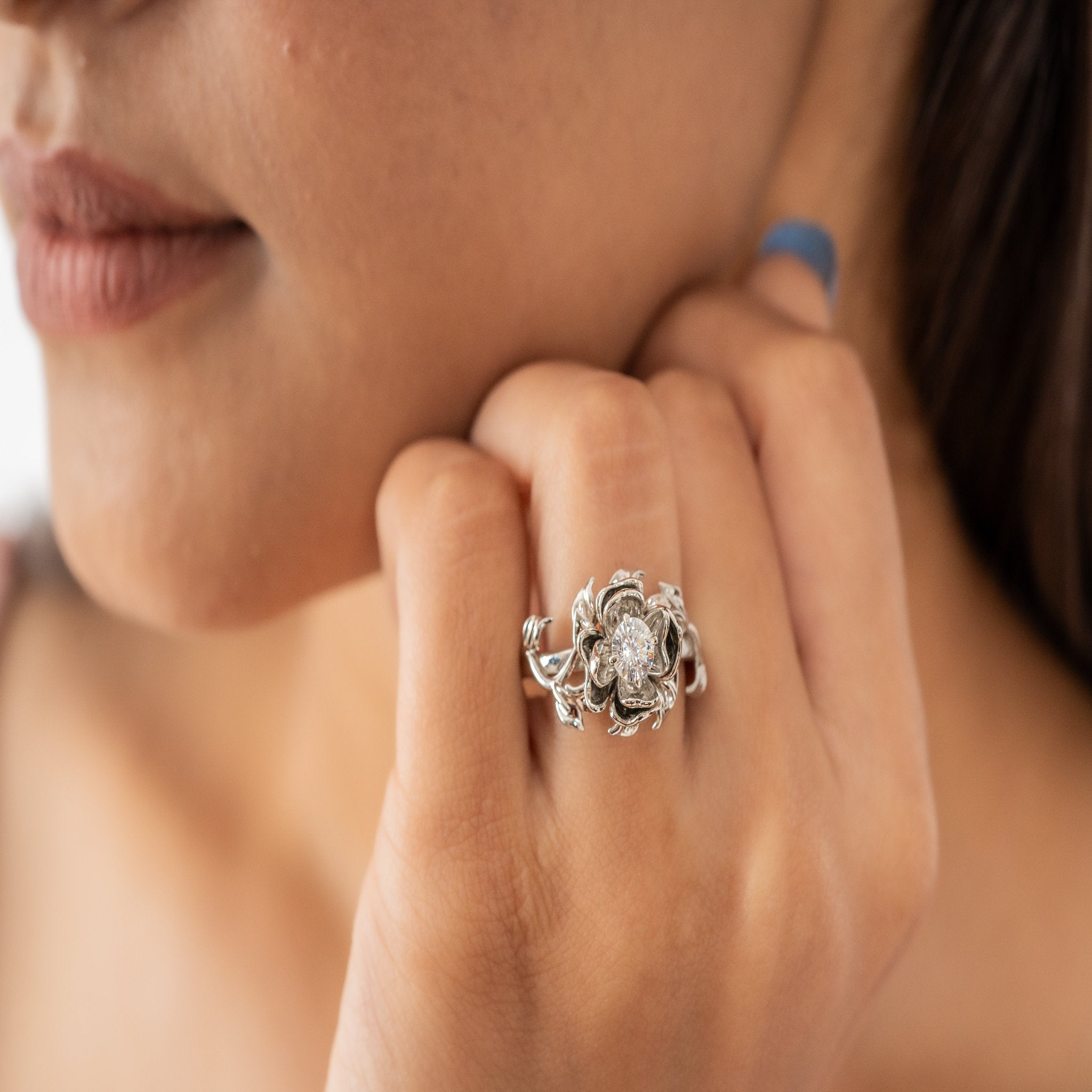 Rose Flower White Gold Silver Adjustable Petal Ring For Women