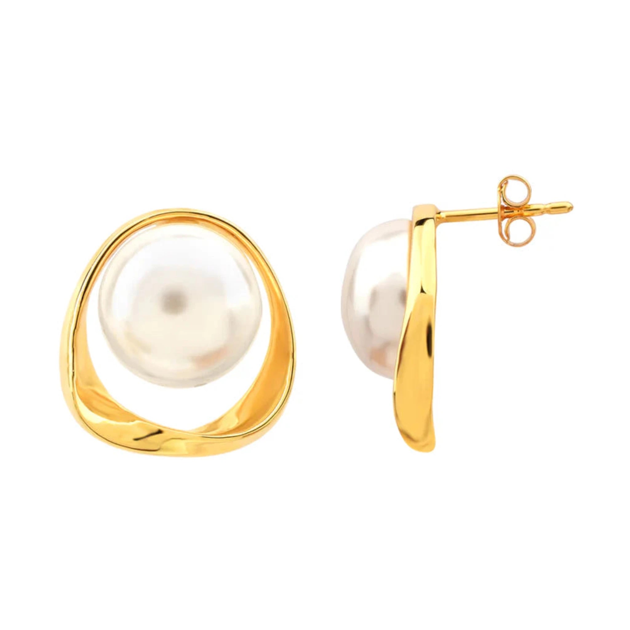 Silver White Pearl Classic Stud Minimalist Freeform Hollow Frame Yellow Gold Earring For Woman