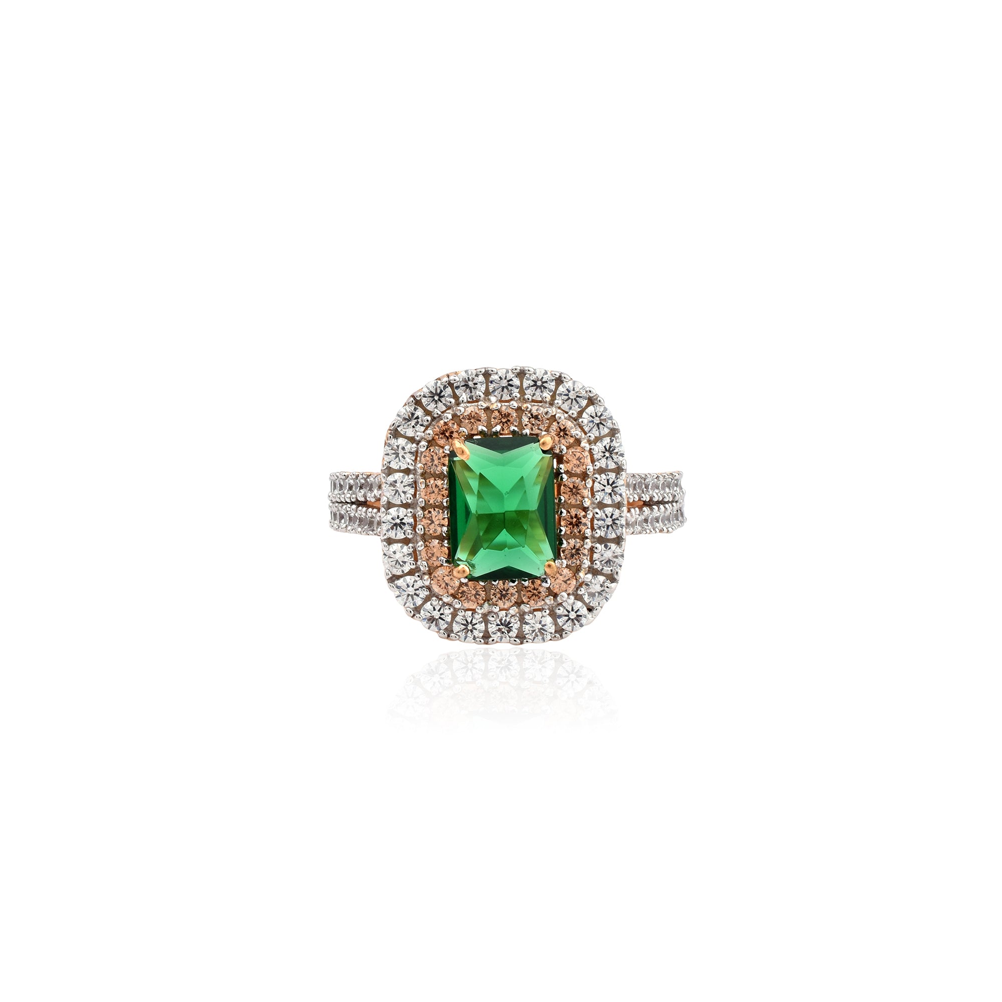 Rose Gold Plated Emerald Double Halo Ring