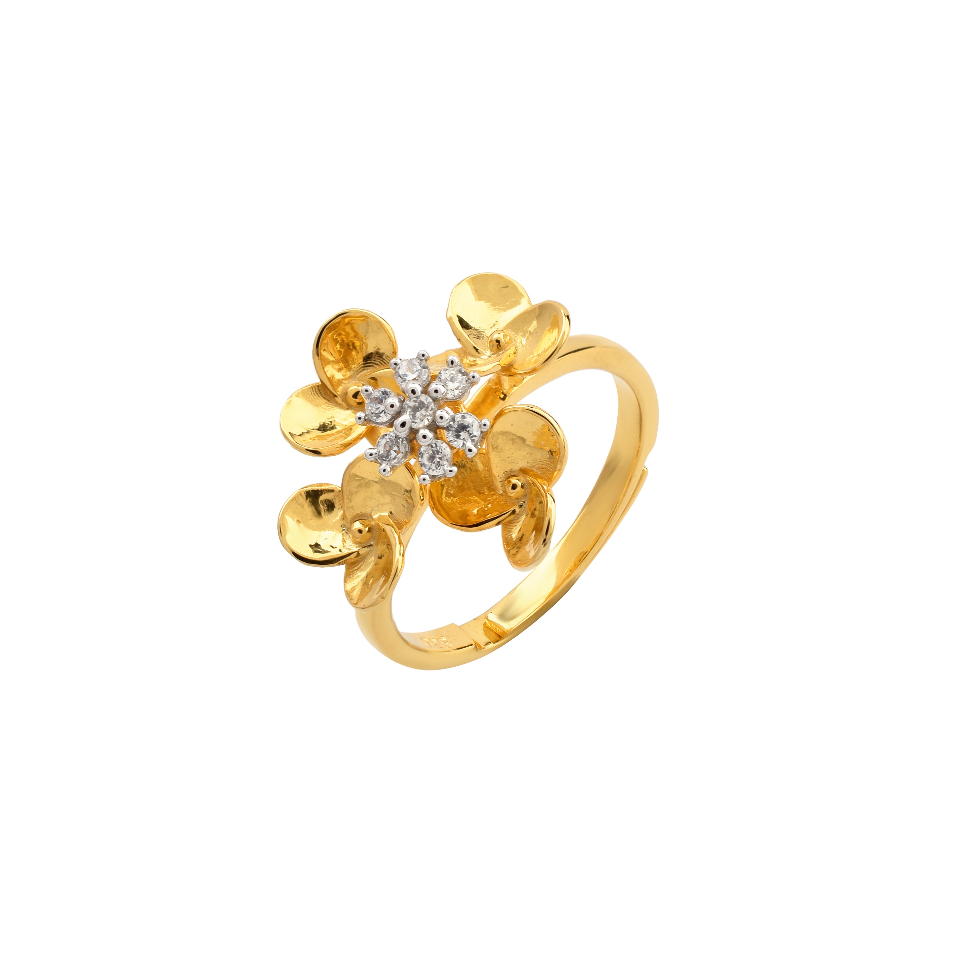 Silver Yellow Gold Adjustable Floral Triple Petal Elegant Diamond Accent Ring for Women