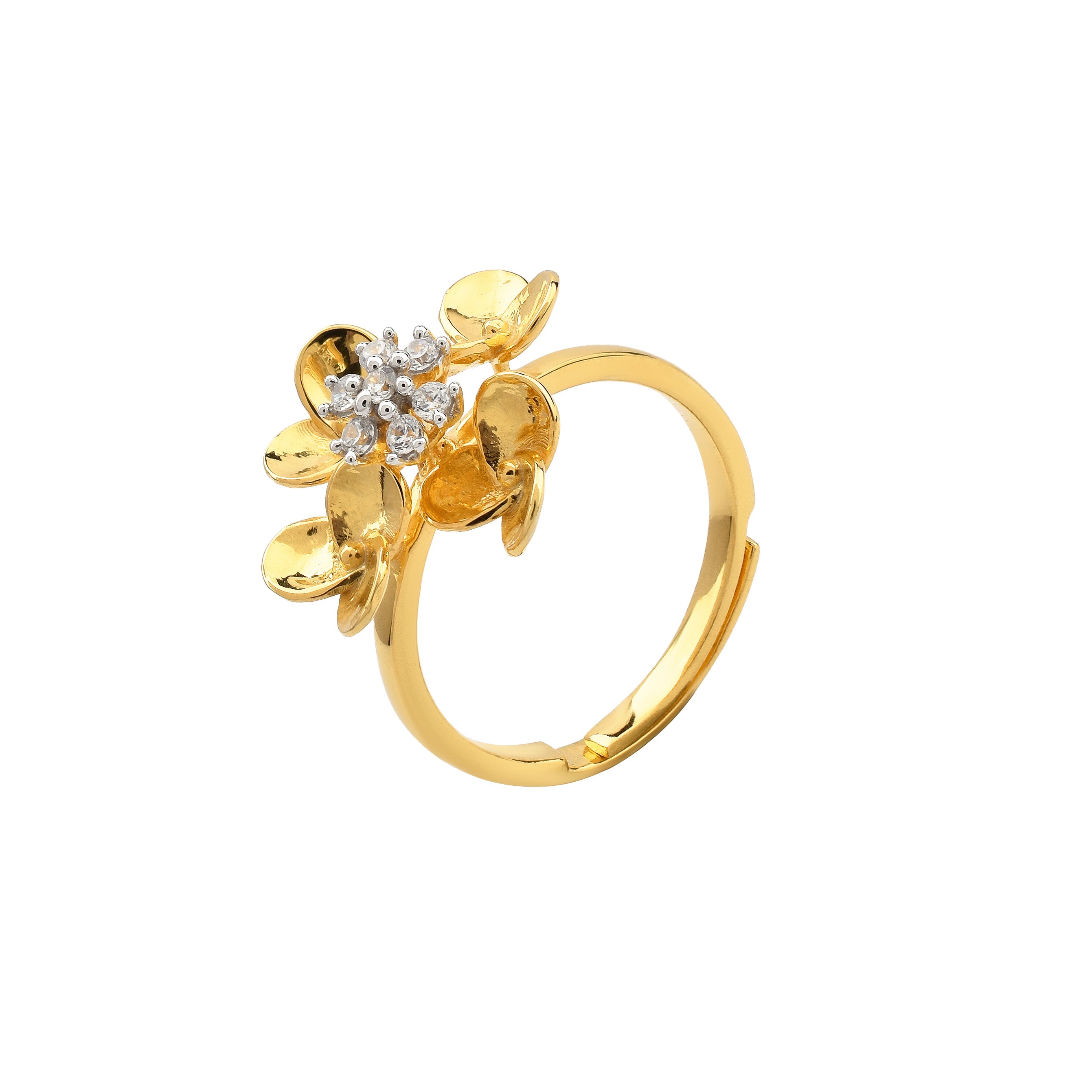 Silver Yellow Gold Adjustable Floral Triple Petal Elegant Diamond Accent Ring for Women