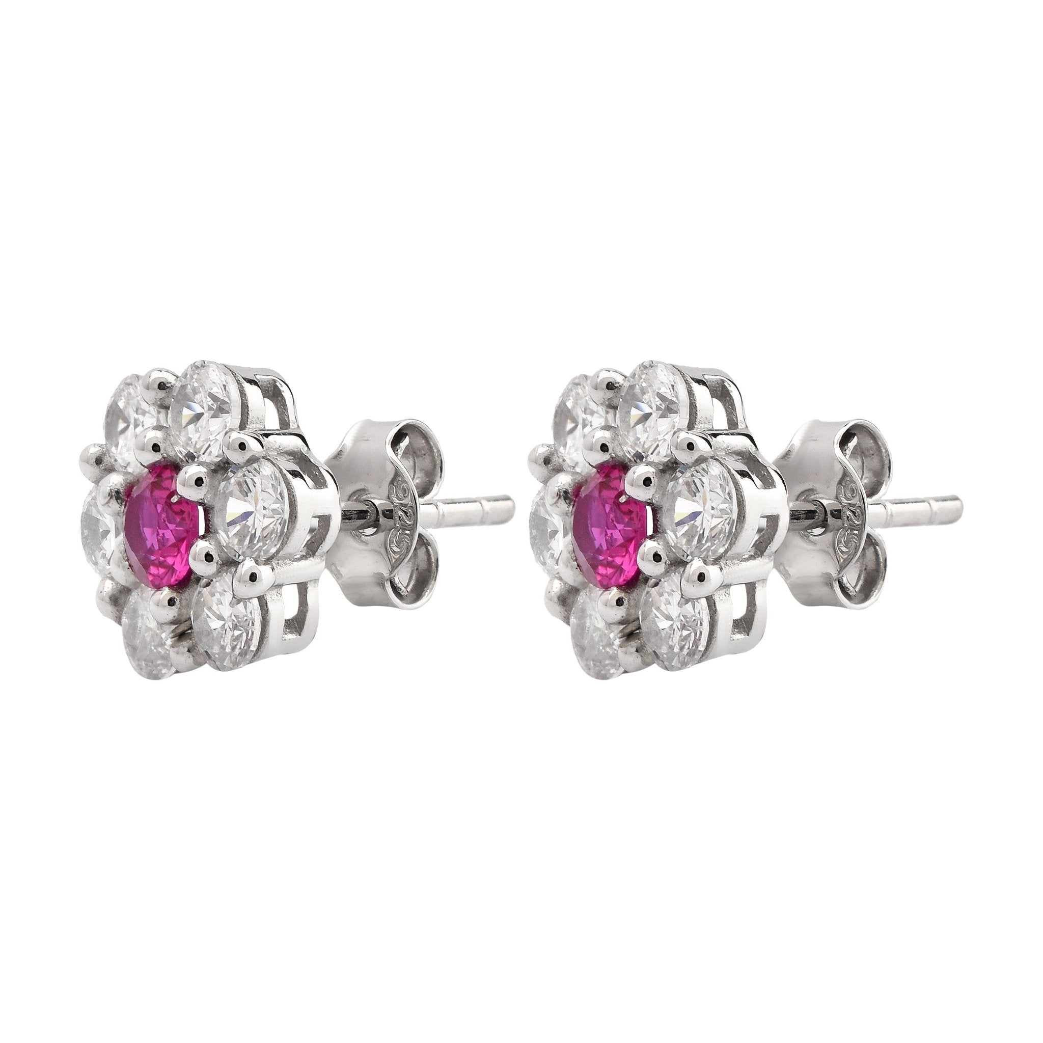 Silver White Gold Radiant Floral Centerpiece Ruby Earring For Women