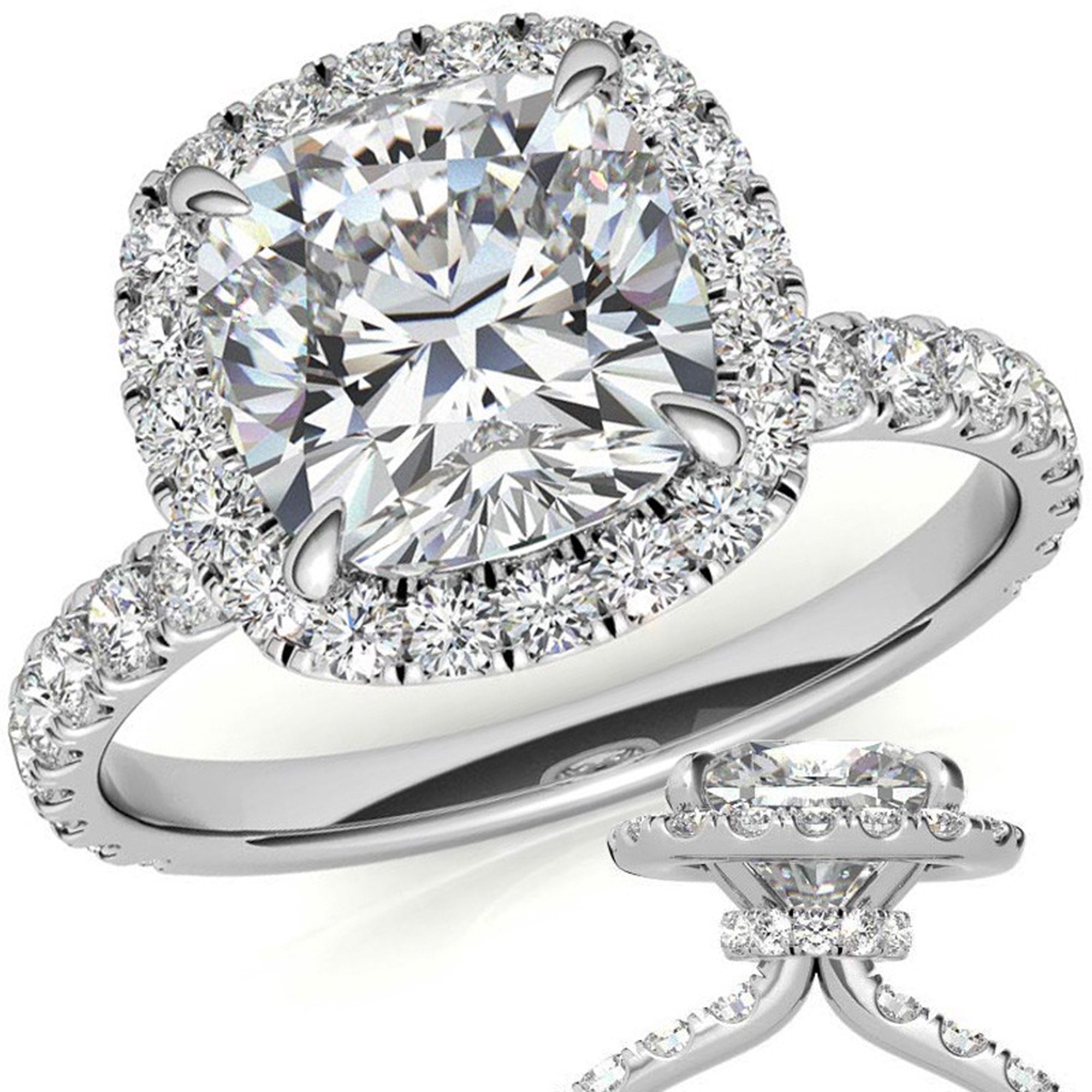 Adjustable Sterling Silver Graceful White Gold Cushion-Cut Halo Ring For Women