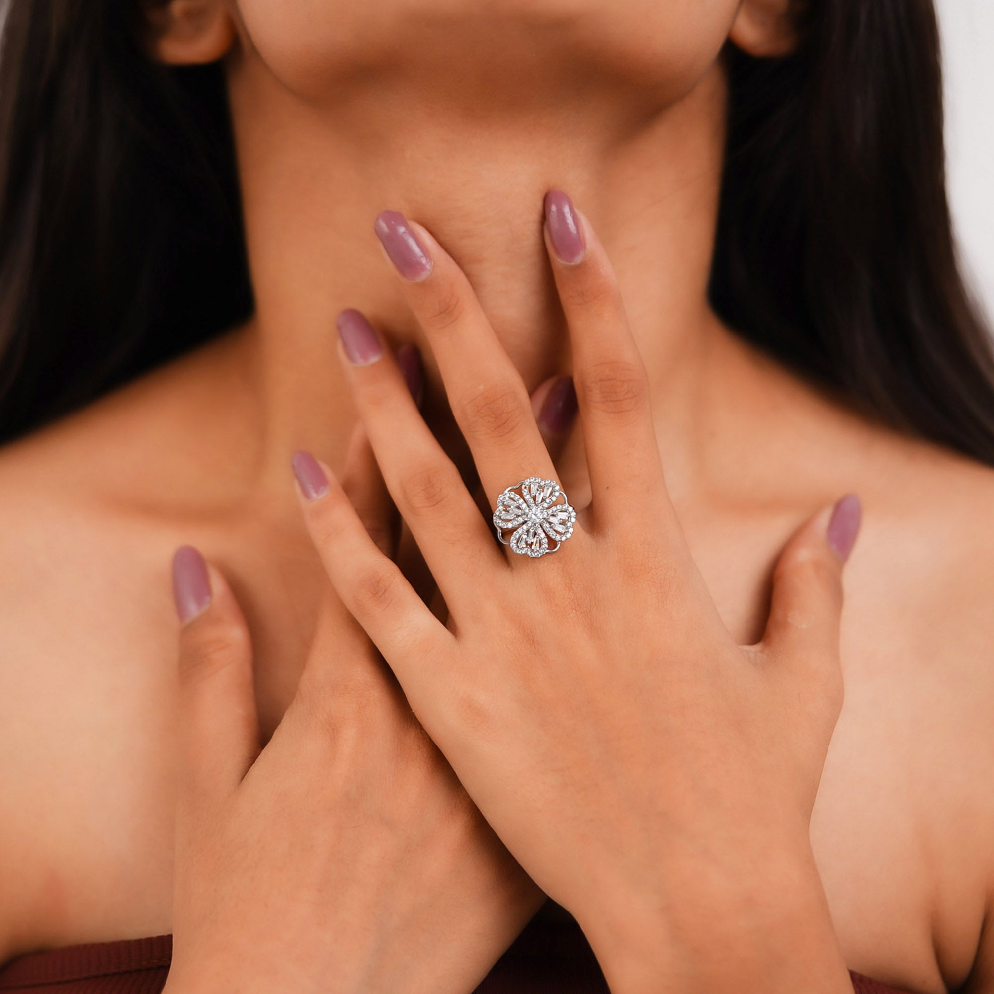 Heart Floral White Gold Silver Adjustable Spinning Ring For Women