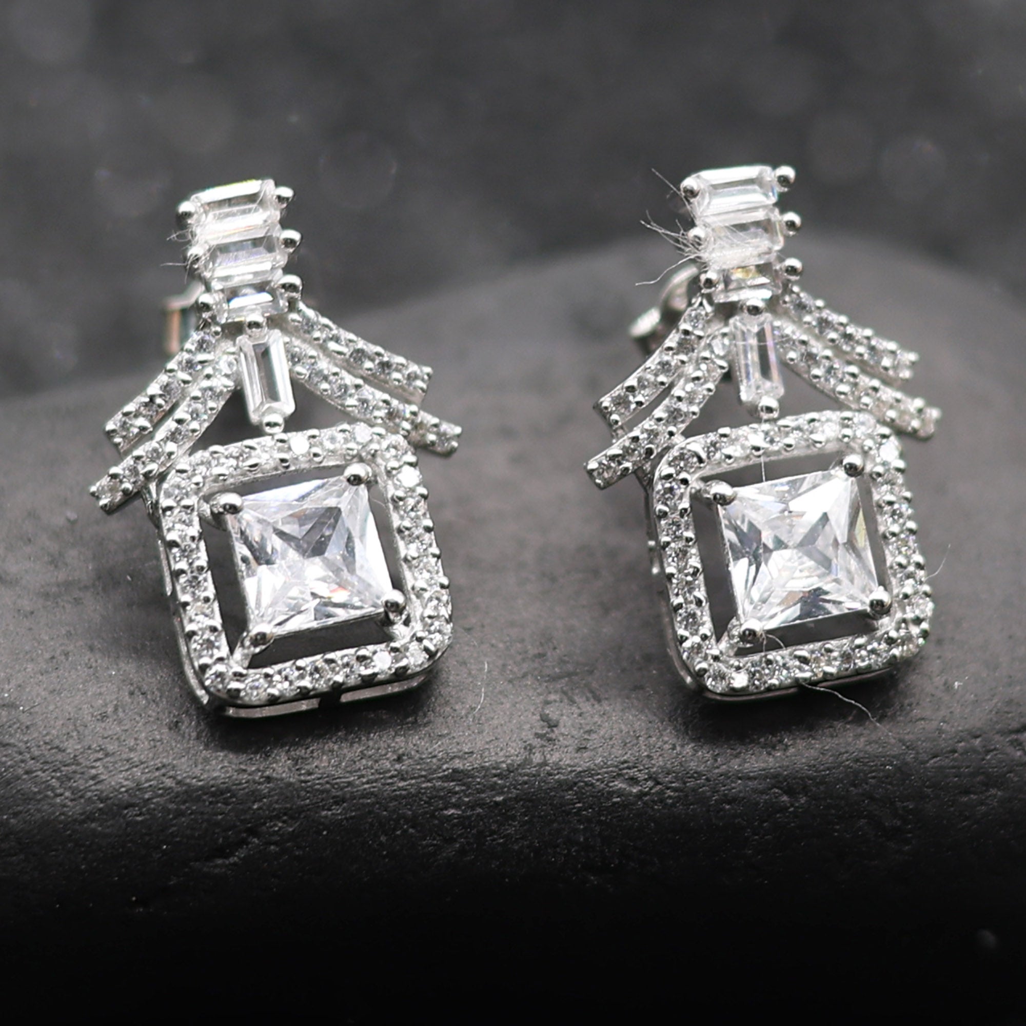 Square Halo Diamond Drop Earrings