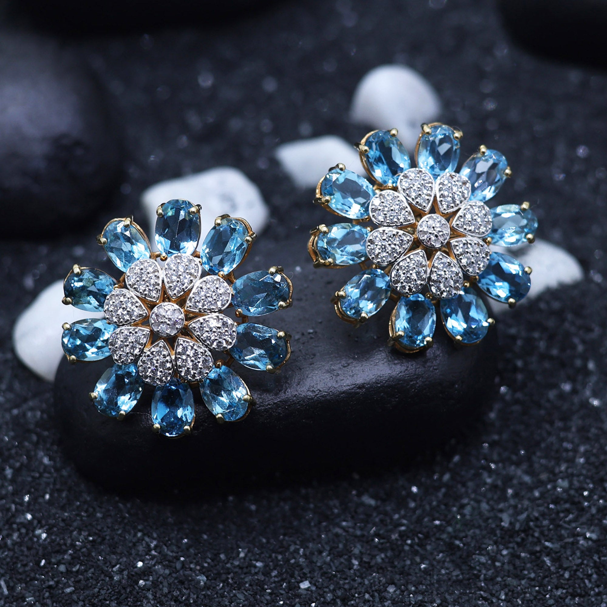 Floral Blue Topaz Stud Earrings