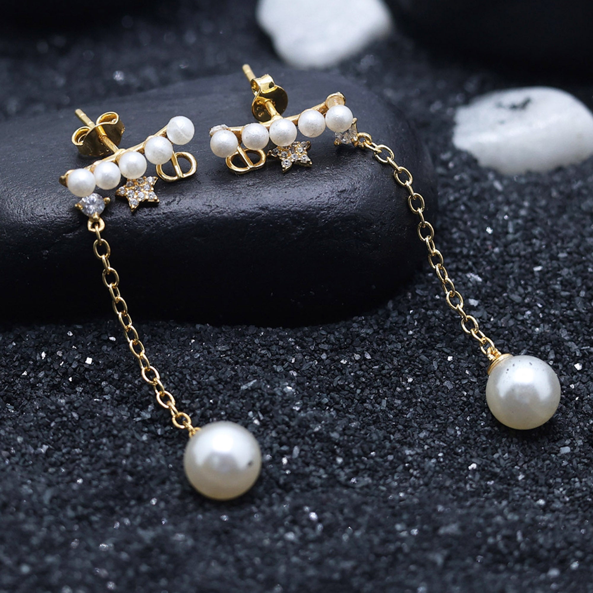 Star Charm Pearl Drop Earrings