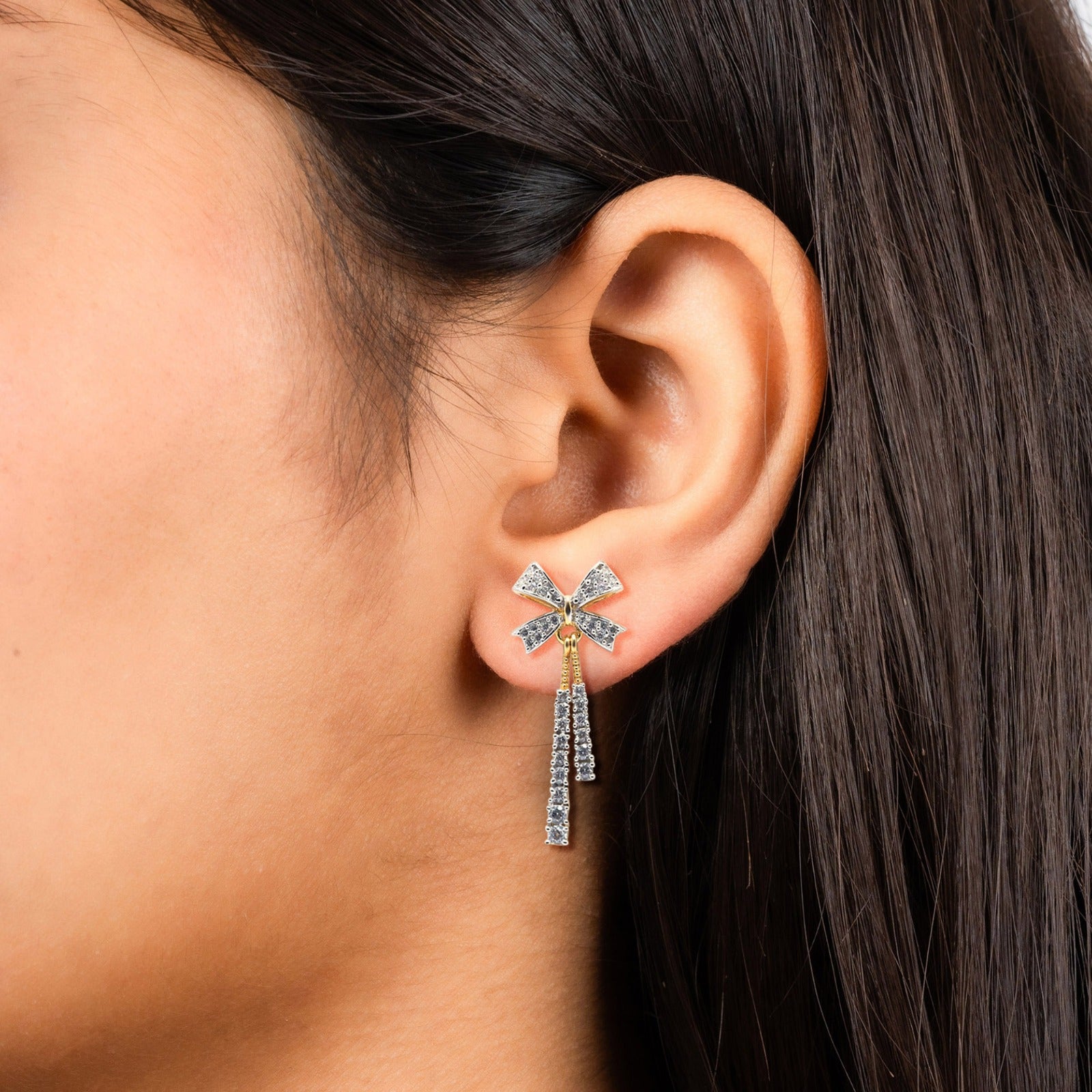 Silver Glittering Tassel Sophisticated Bowknot Yellow Gold Earring For Woman