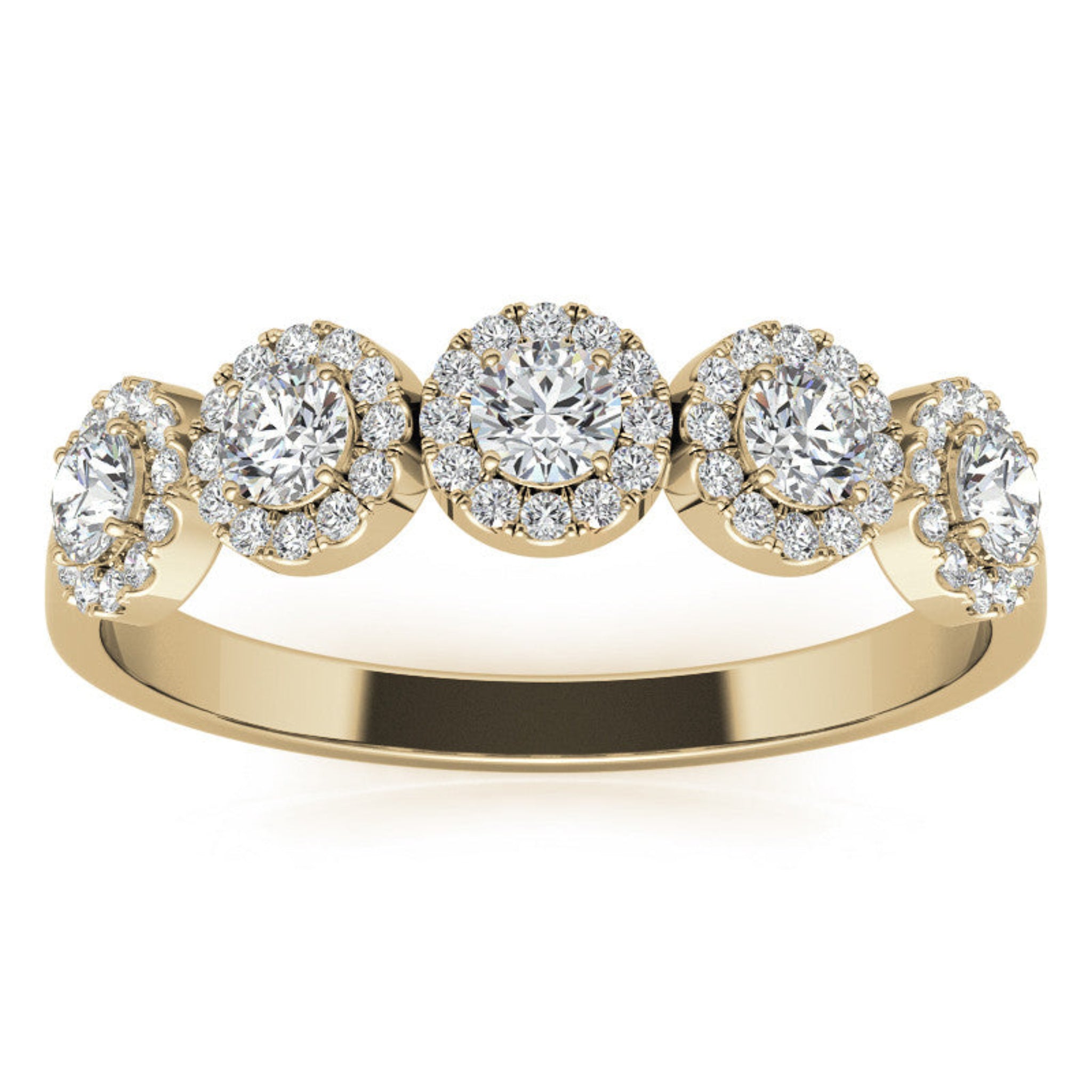 Adjustable Sterling Silver Luxury Yellow Gold Five-Center Floral Halo Diamond Band For Women